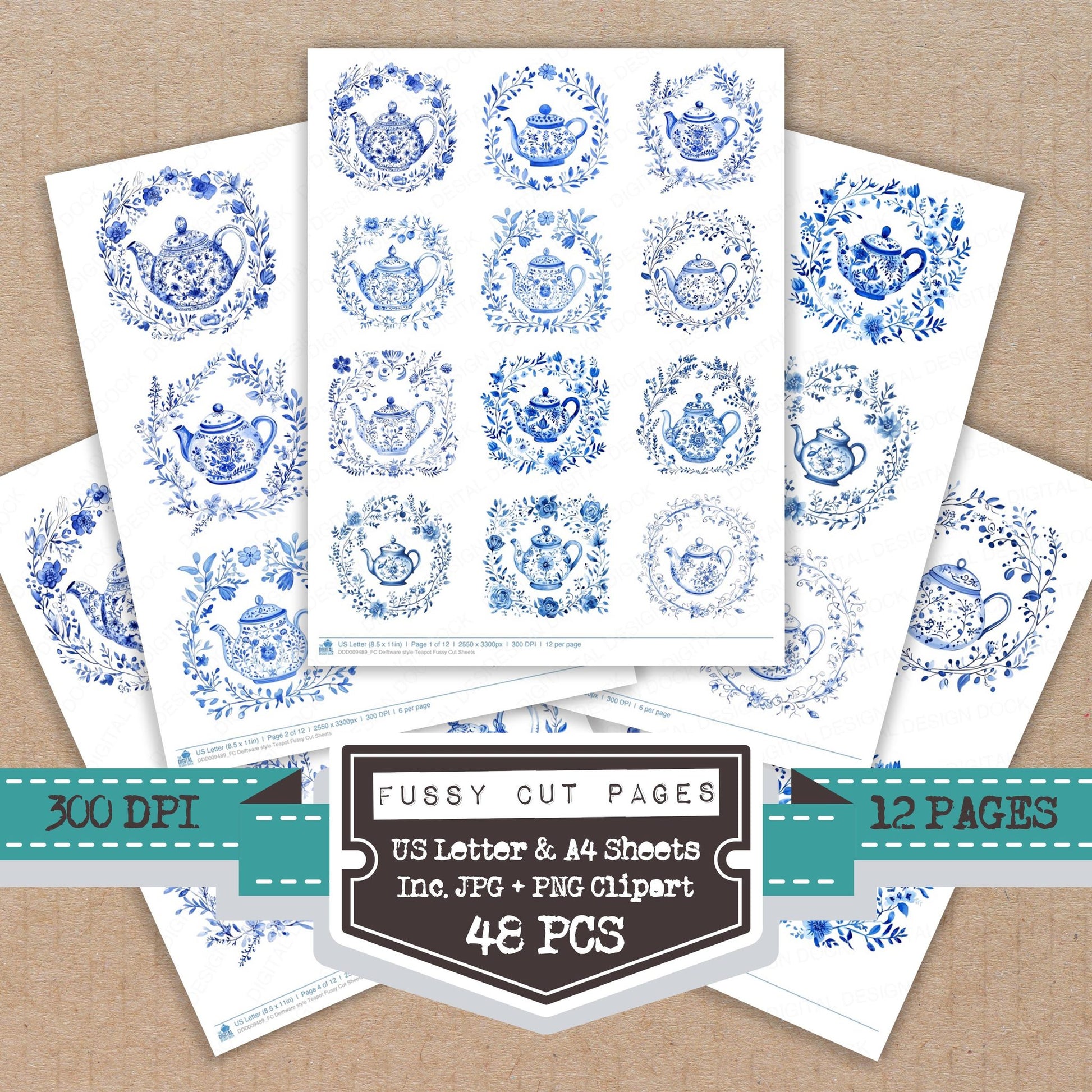 Delftware style Teapot fussy cut printable sheets for junk journaling, scrapbooking, and paper craft projects