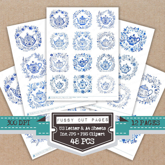 Delftware style Teapot fussy cut printable sheets for junk journaling, scrapbooking, and paper craft projects