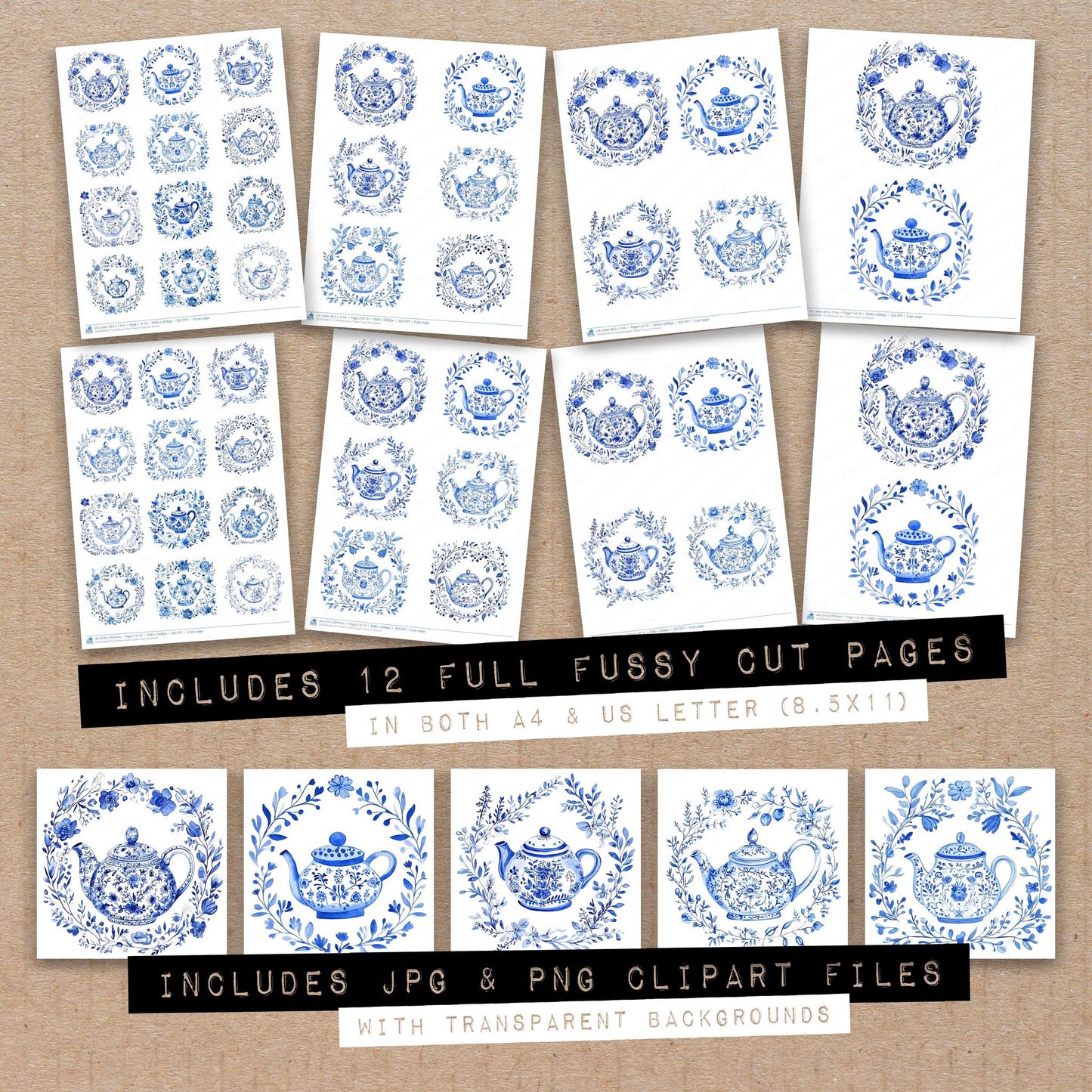 Full collection view of Delftware style Teapot fussy cut sheets with bonus clipart JPG and PNG files