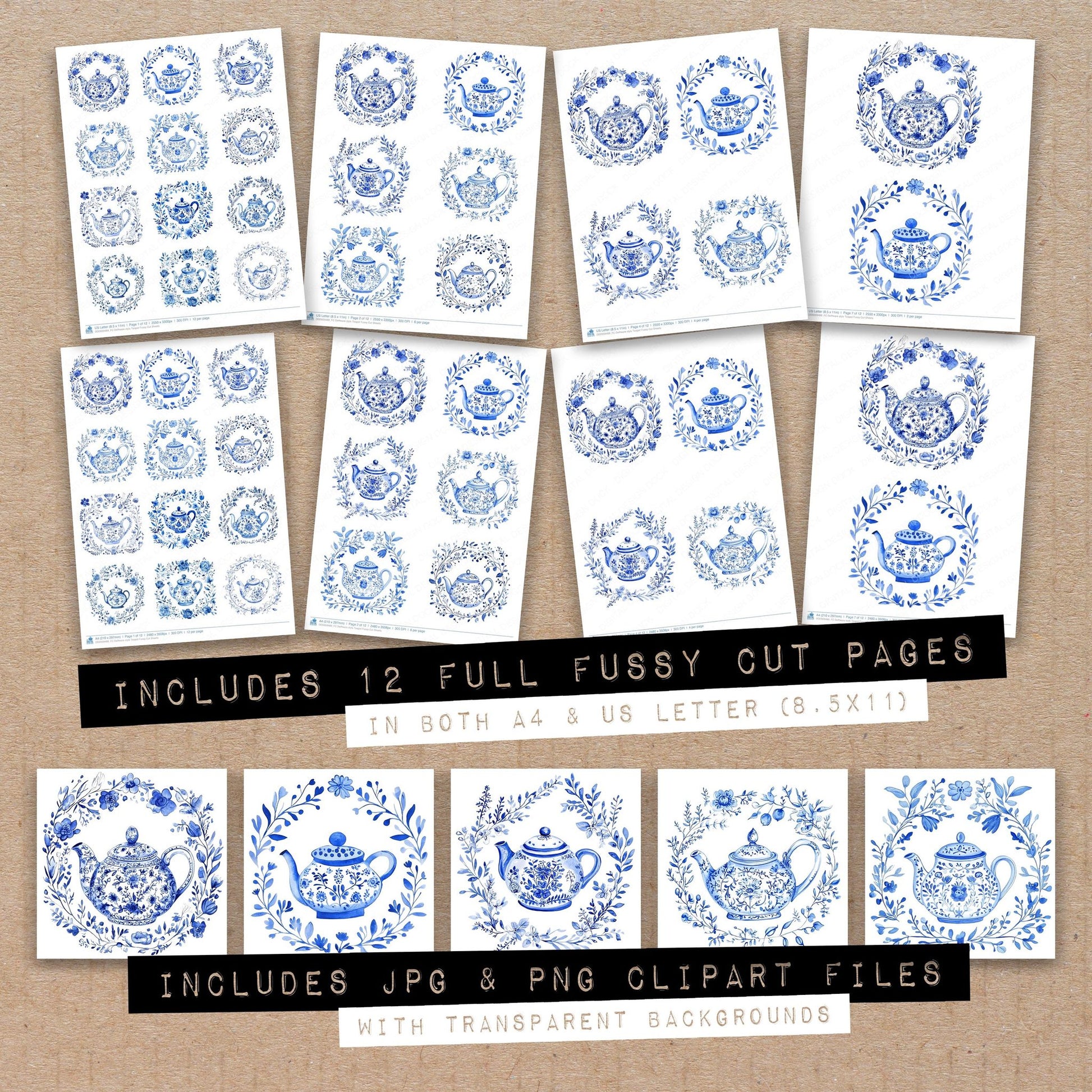 Full collection view of Delftware style Teapot fussy cut sheets with bonus clipart JPG and PNG files