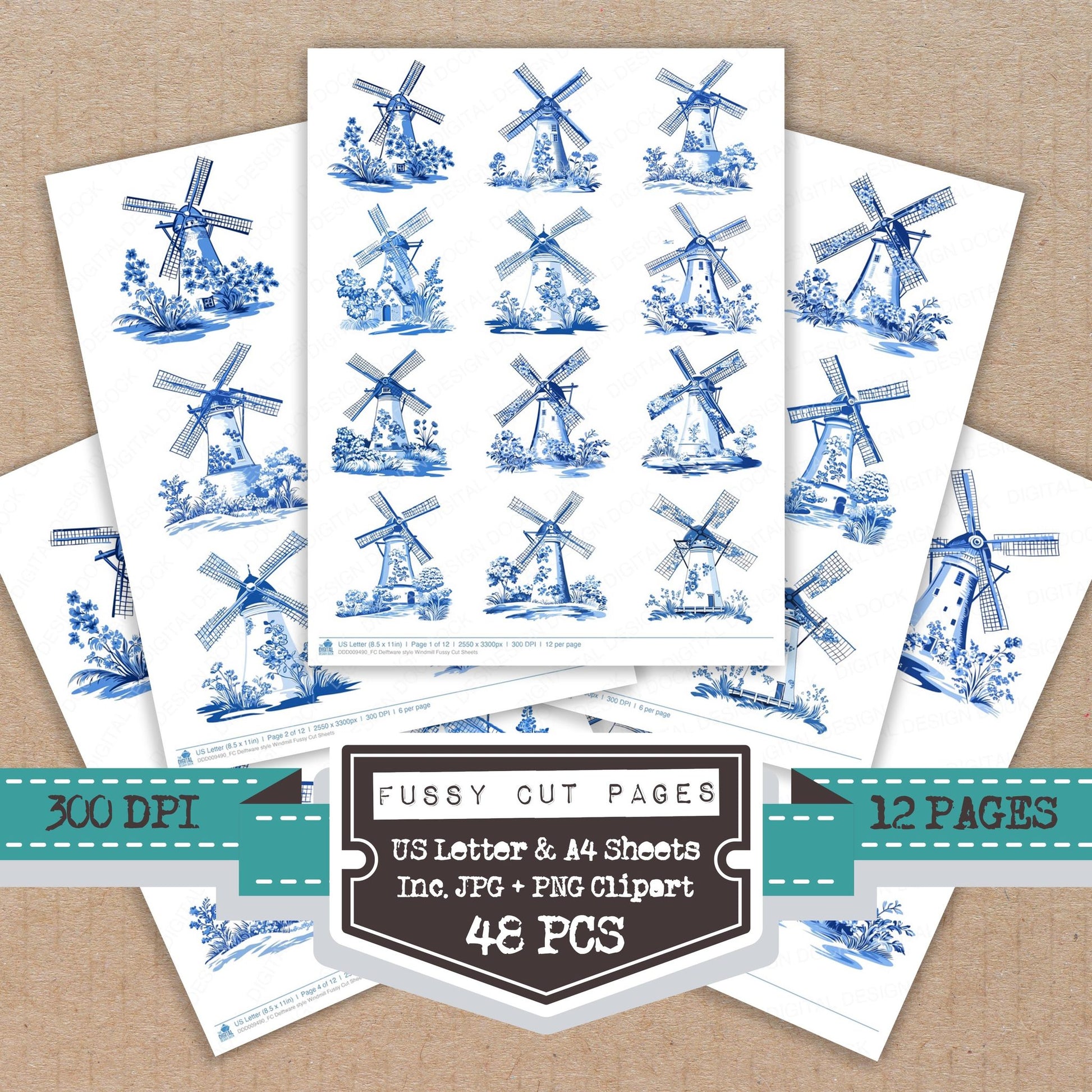 Delftware style Windmill fussy cut printable sheets for junk journaling, scrapbooking, and paper craft projects