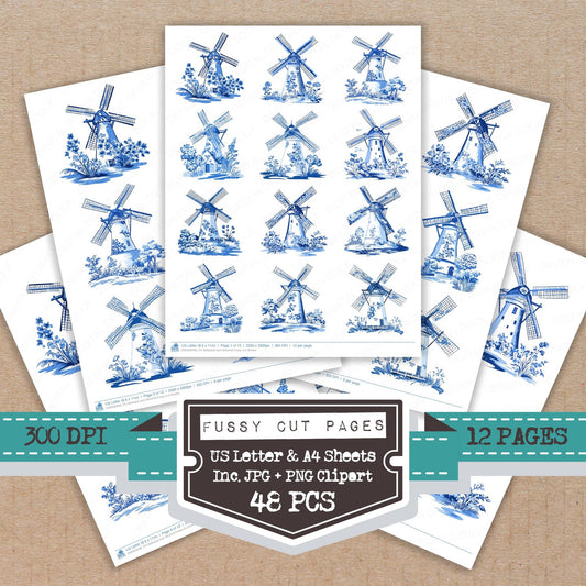 Delftware style Windmill fussy cut printable sheets for junk journaling, scrapbooking, and paper craft projects