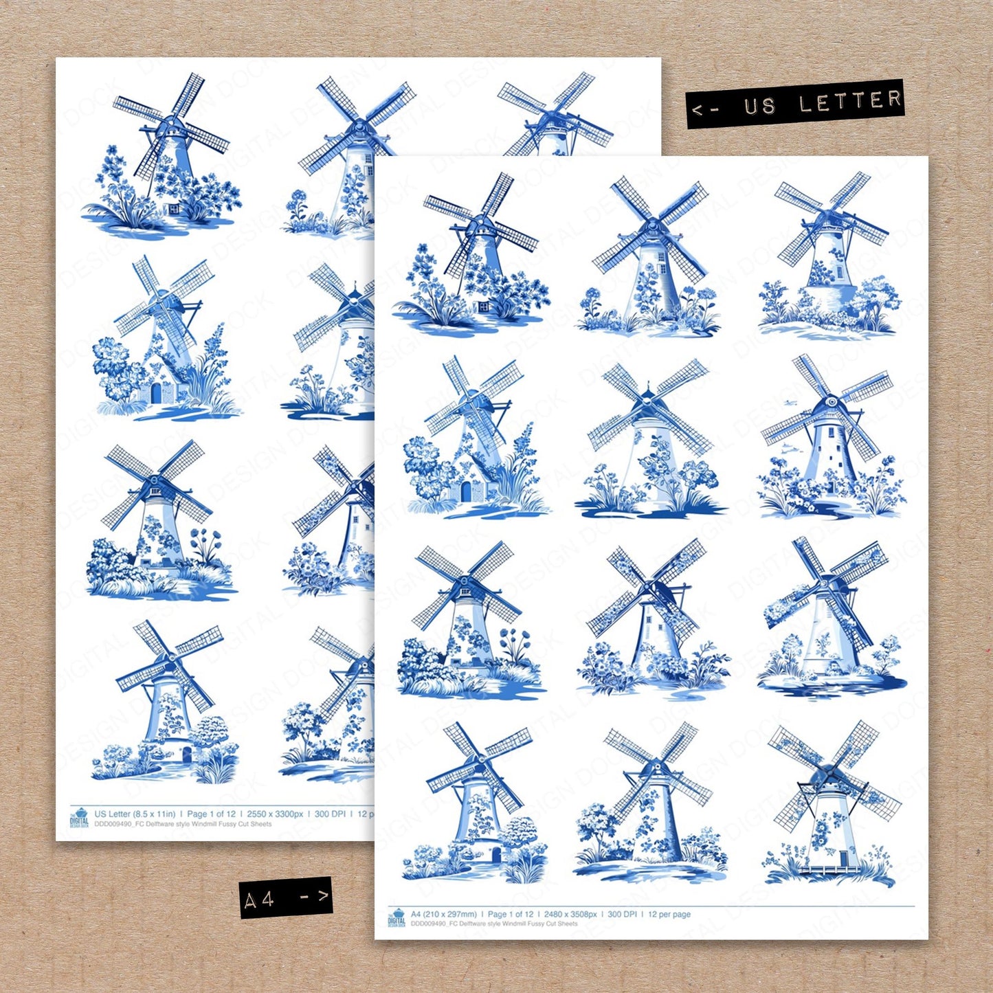 A4 and US Letter format comparison showing Delftware style Windmill fussy cut pages for print and cut crafting