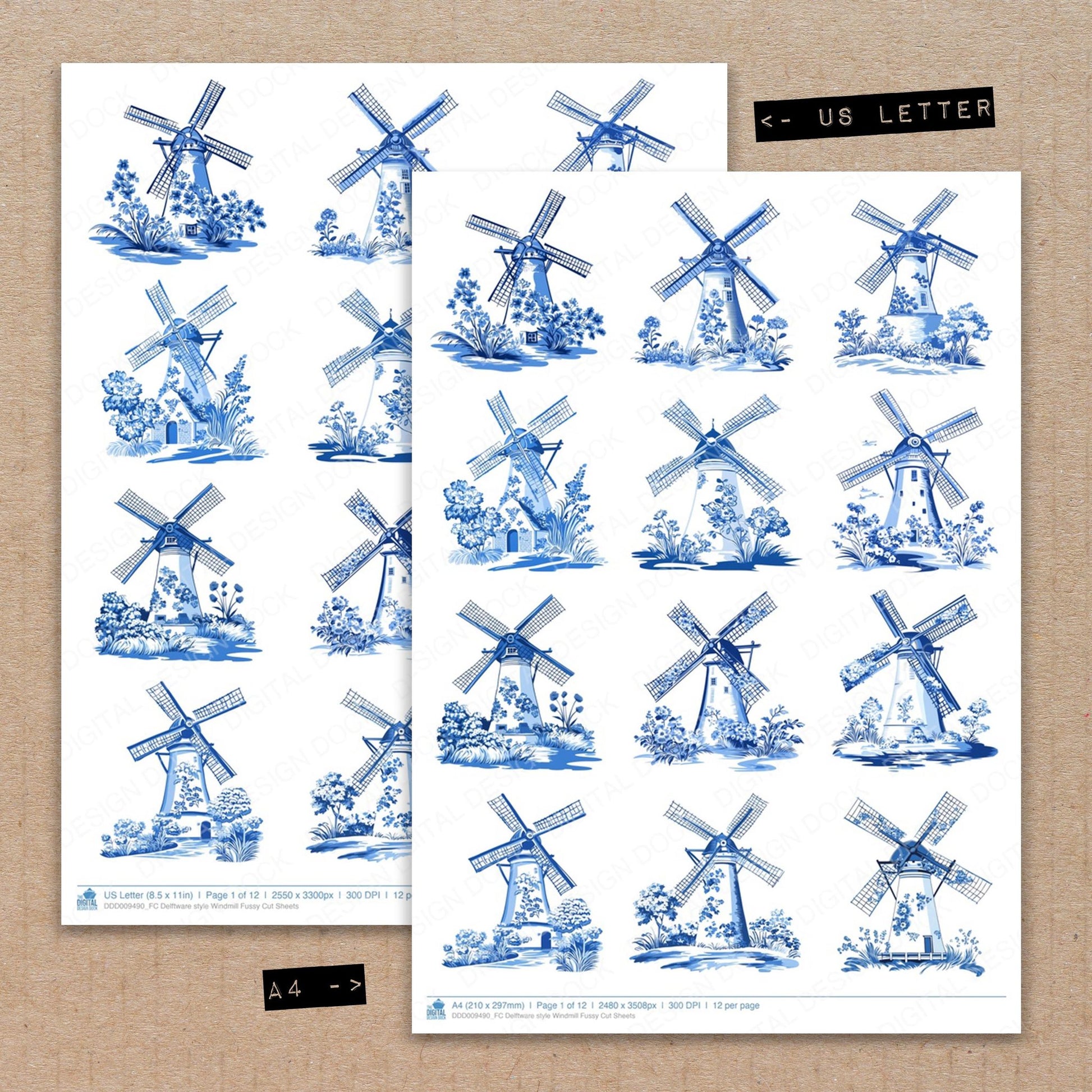 A4 and US Letter format comparison showing Delftware style Windmill fussy cut pages for print and cut crafting