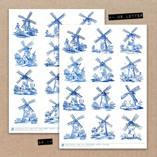 A4 and US Letter format comparison showing Delftware style Windmill fussy cut pages for print and cut crafting