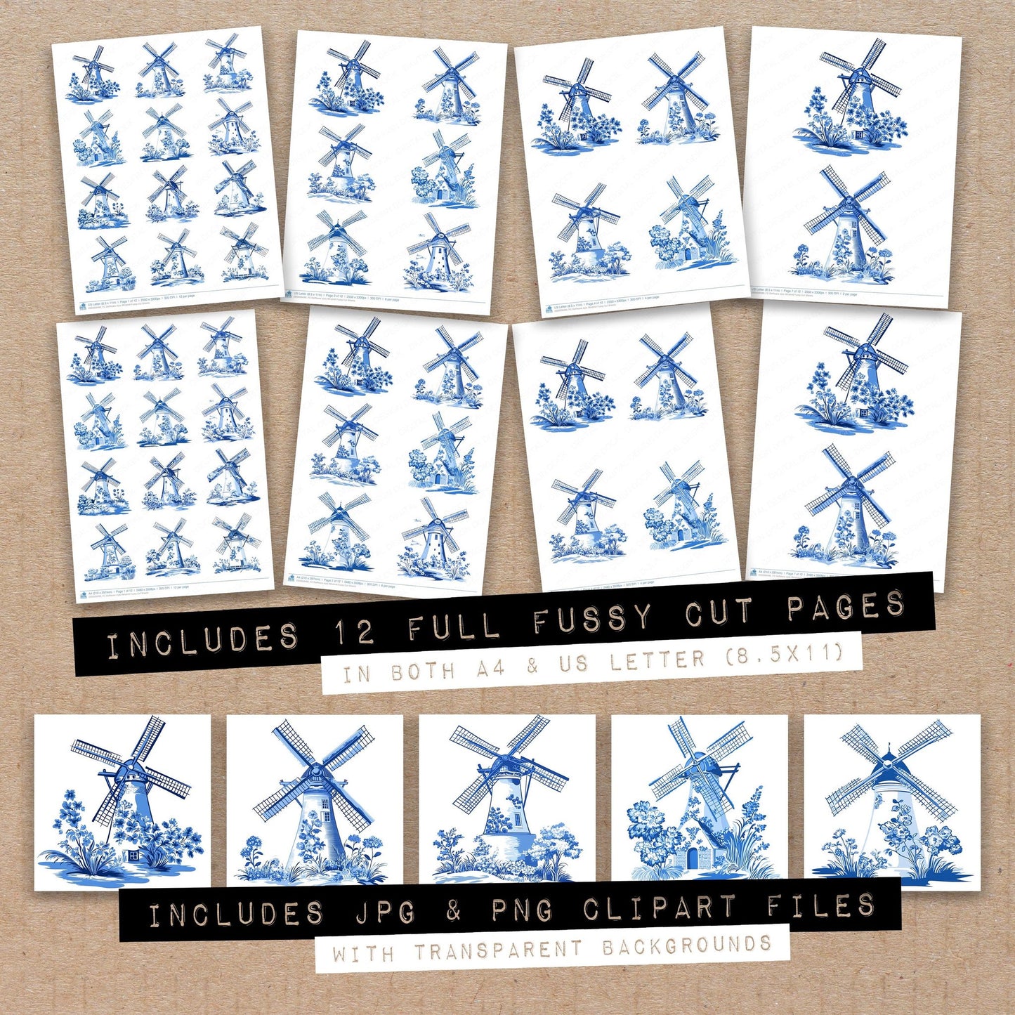Full collection view of Delftware style Windmill fussy cut sheets with bonus clipart JPG and PNG files