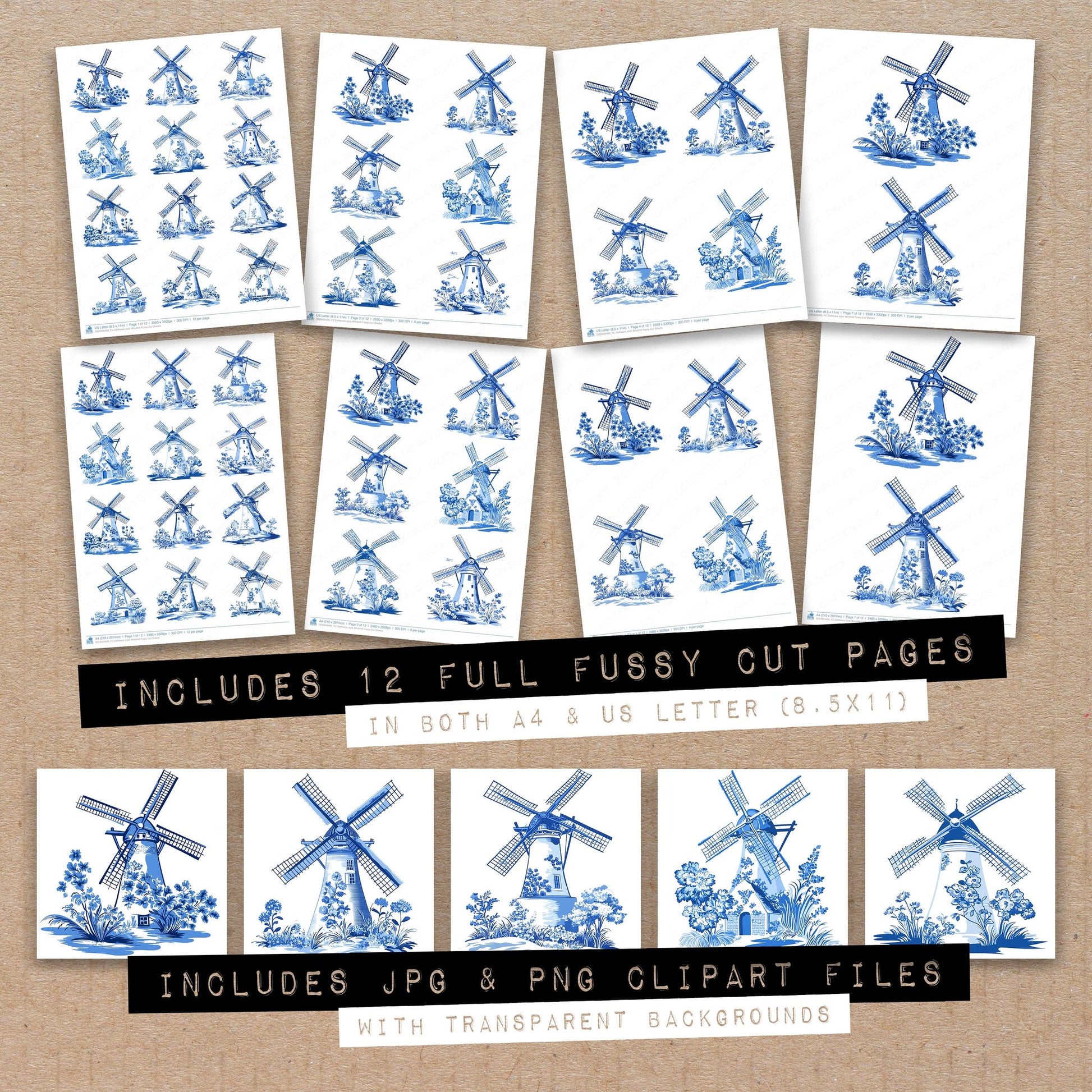 Full collection view of Delftware style Windmill fussy cut sheets with bonus clipart JPG and PNG files