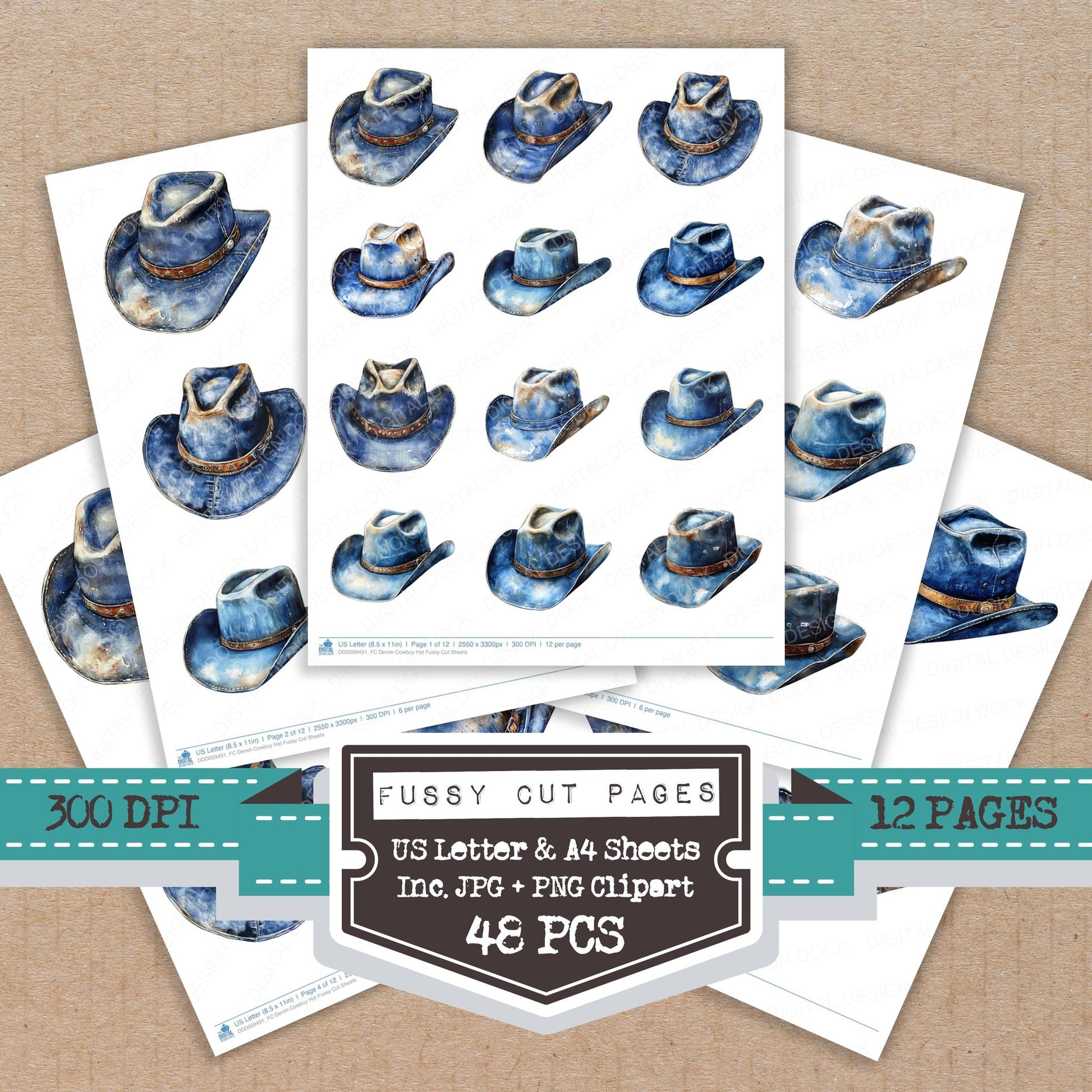 Denim Cowboy Hat fussy cut printable sheets for junk journaling, scrapbooking, and paper craft projects