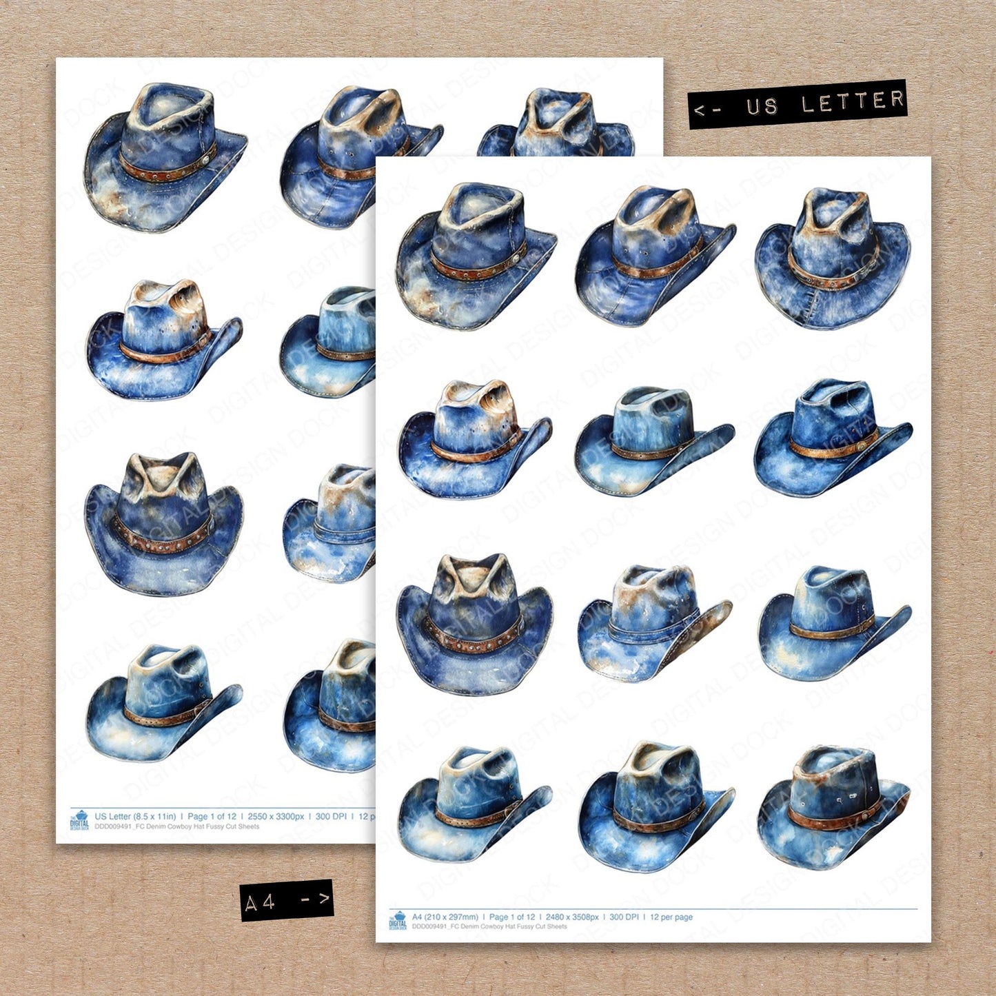 A4 and US Letter format comparison showing Denim Cowboy Hat fussy cut pages for print and cut crafting