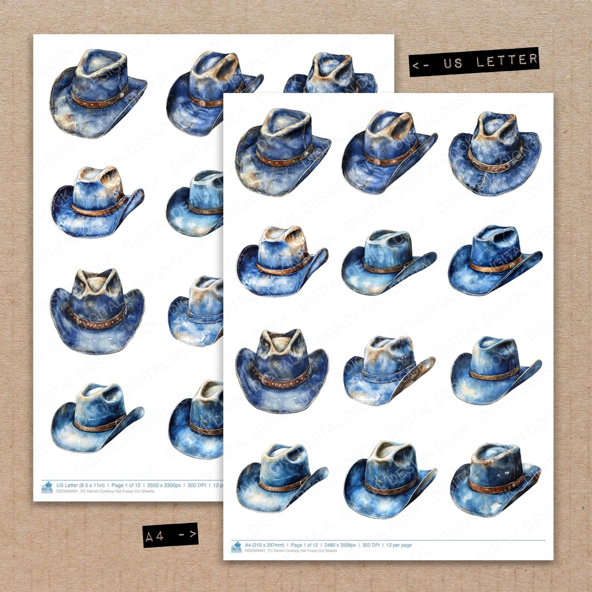 A4 and US Letter format comparison showing Denim Cowboy Hat fussy cut pages for print and cut crafting