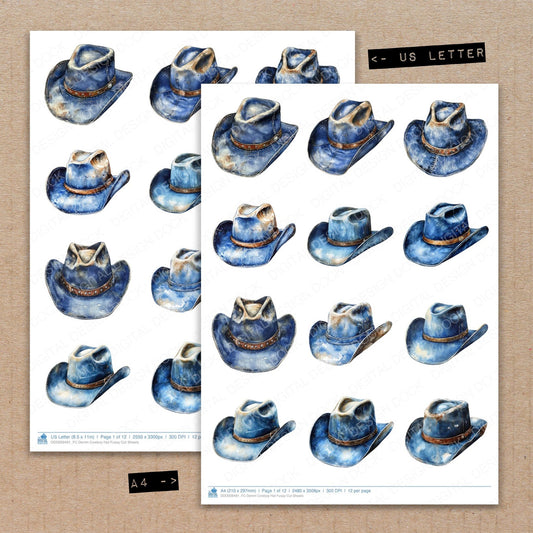 A4 and US Letter format comparison showing Denim Cowboy Hat fussy cut pages for print and cut crafting