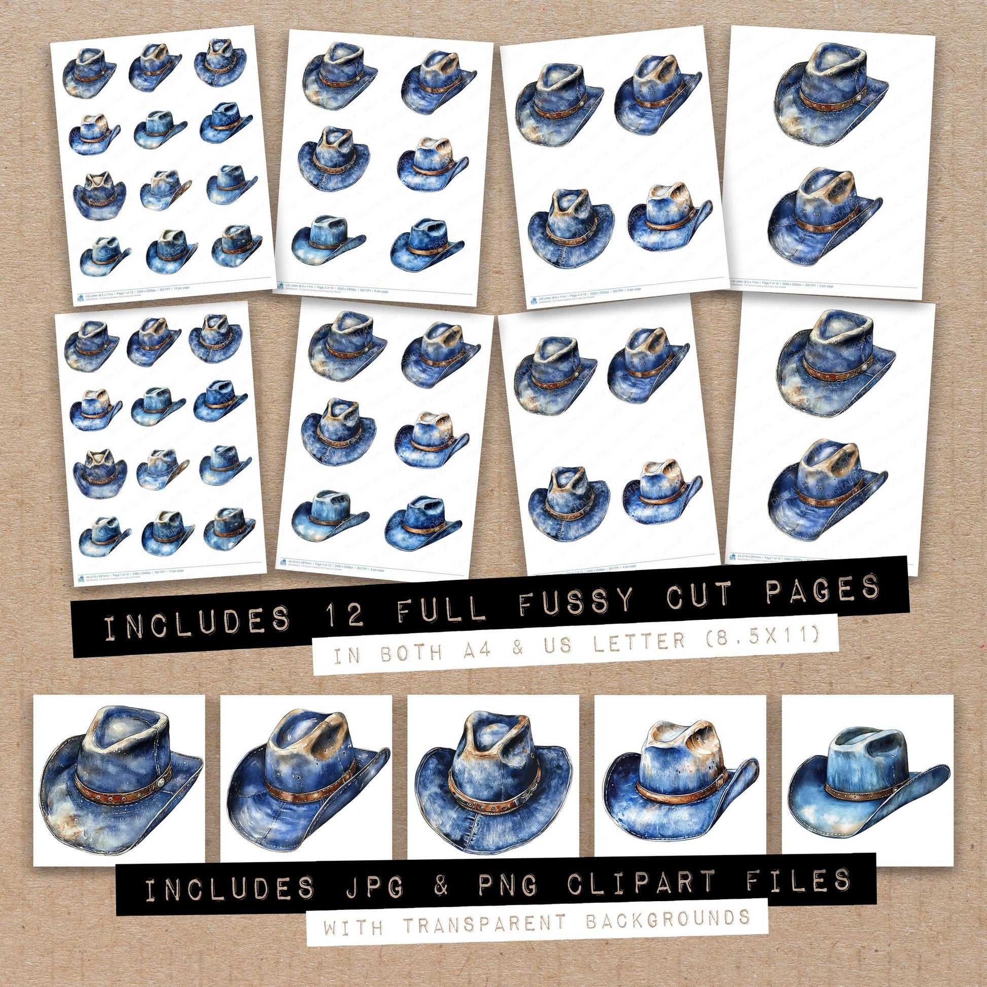 Full collection view of Denim Cowboy Hat fussy cut sheets with bonus clipart JPG and PNG files