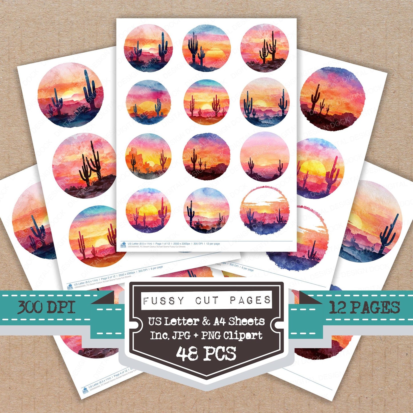 Desert Cactus Sunset Scene fussy cut printable sheets for junk journaling, scrapbooking, and paper craft projects