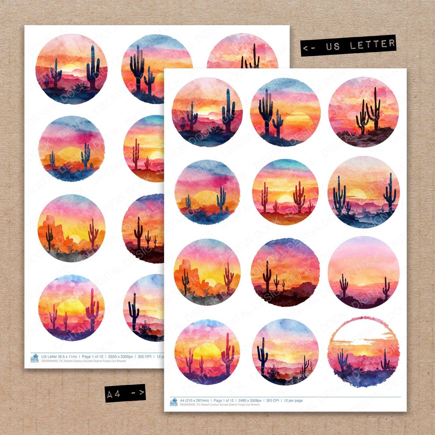 A4 and US Letter format comparison showing Desert Cactus Sunset Scene fussy cut pages for print and cut crafting