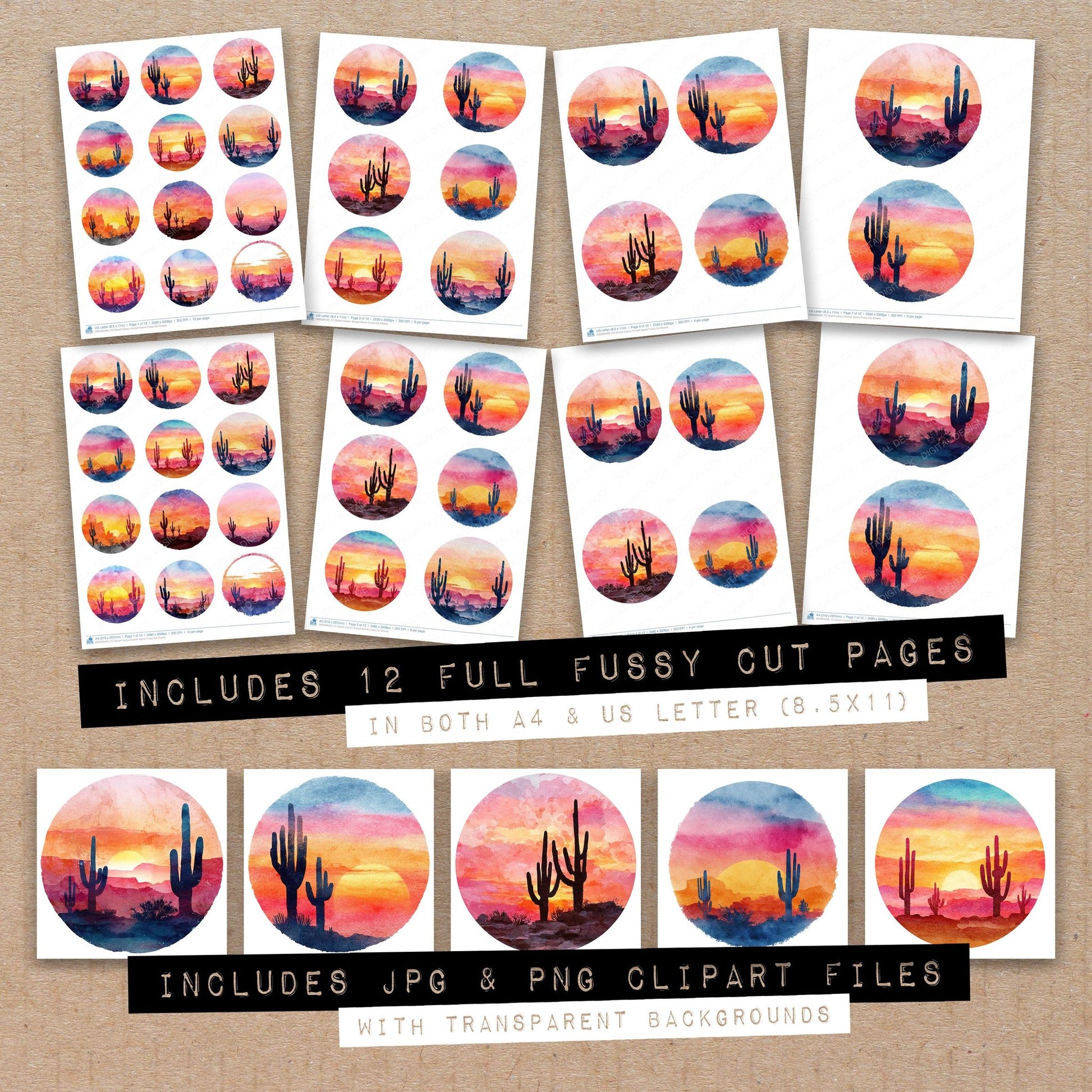 Full collection view of Desert Cactus Sunset Scene fussy cut sheets with bonus clipart JPG and PNG files