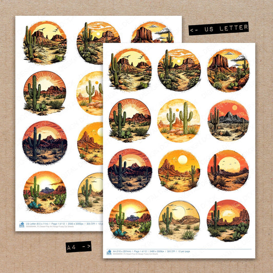 A4 and US Letter format comparison showing Desert Pop Art Design fussy cut pages for print and cut crafting