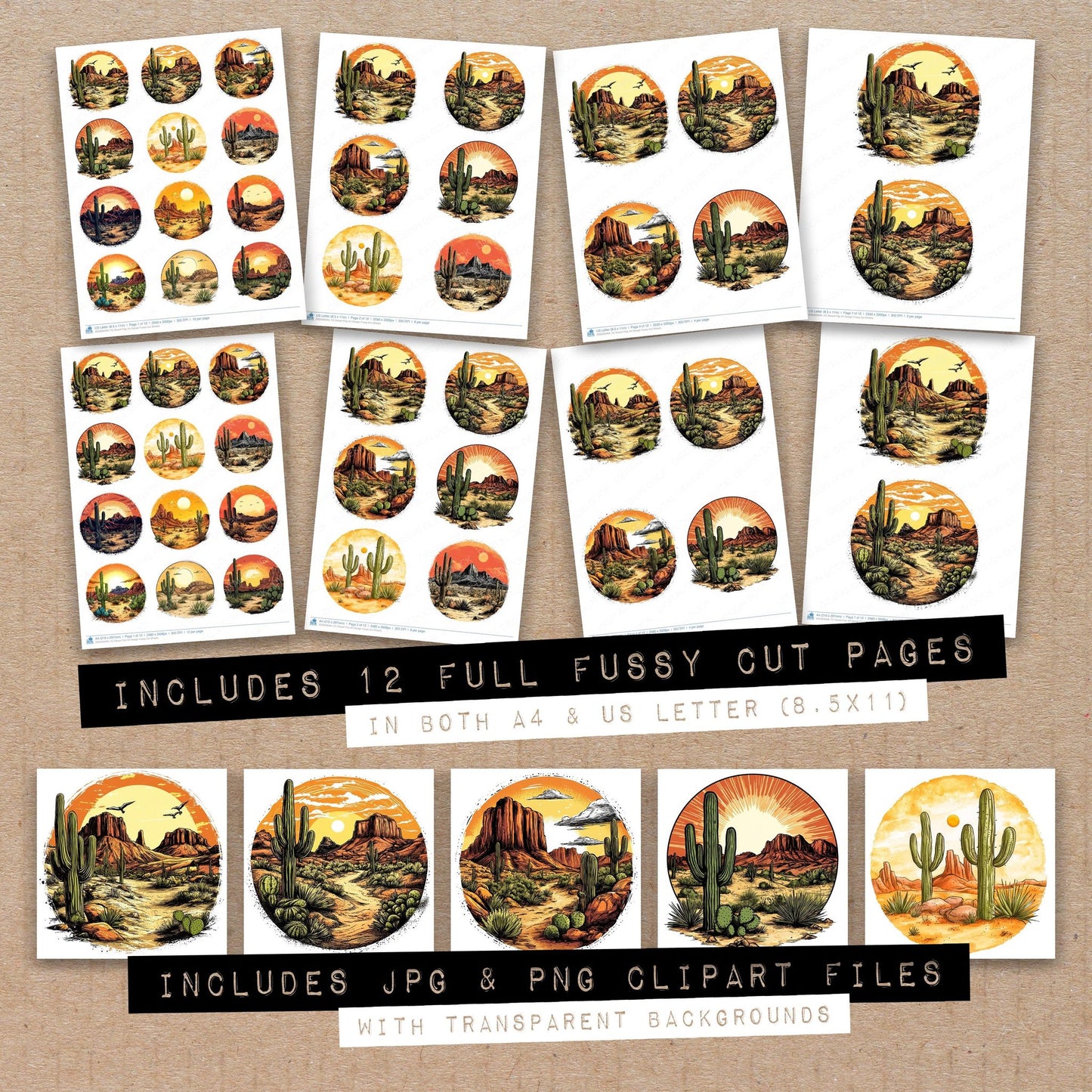 Full collection view of Desert Pop Art Design fussy cut sheets with bonus clipart JPG and PNG files