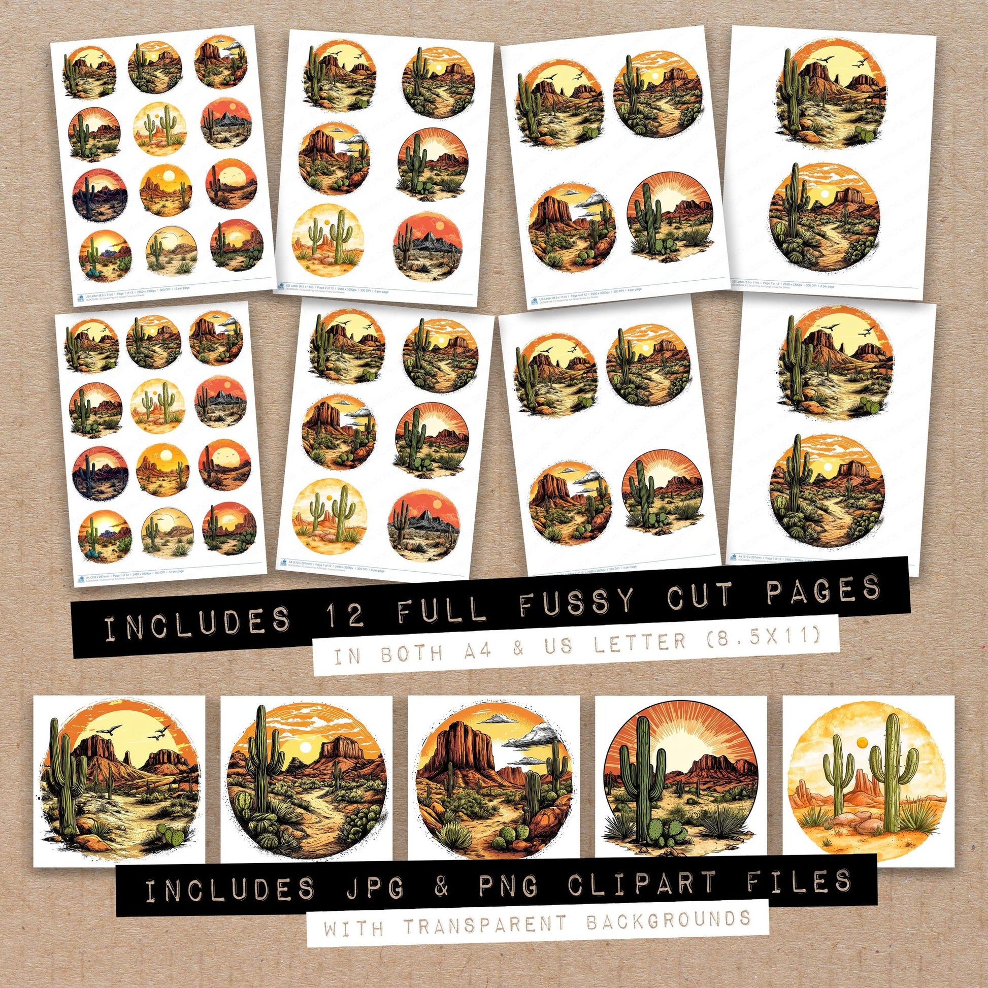 Full collection view of Desert Pop Art Design fussy cut sheets with bonus clipart JPG and PNG files