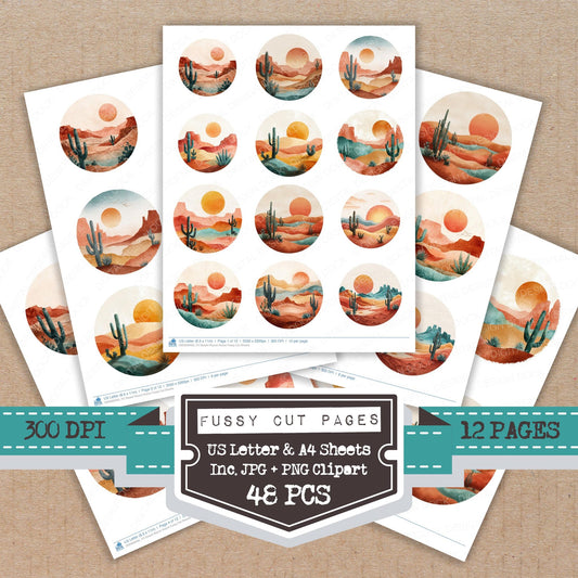 Desert Round Scene fussy cut printable sheets for junk journaling, scrapbooking, and paper craft projects