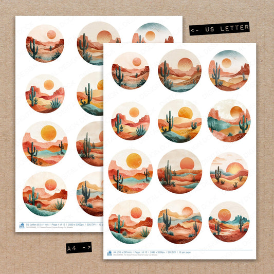 A4 and US Letter format comparison showing Desert Round Scene fussy cut pages for print and cut crafting