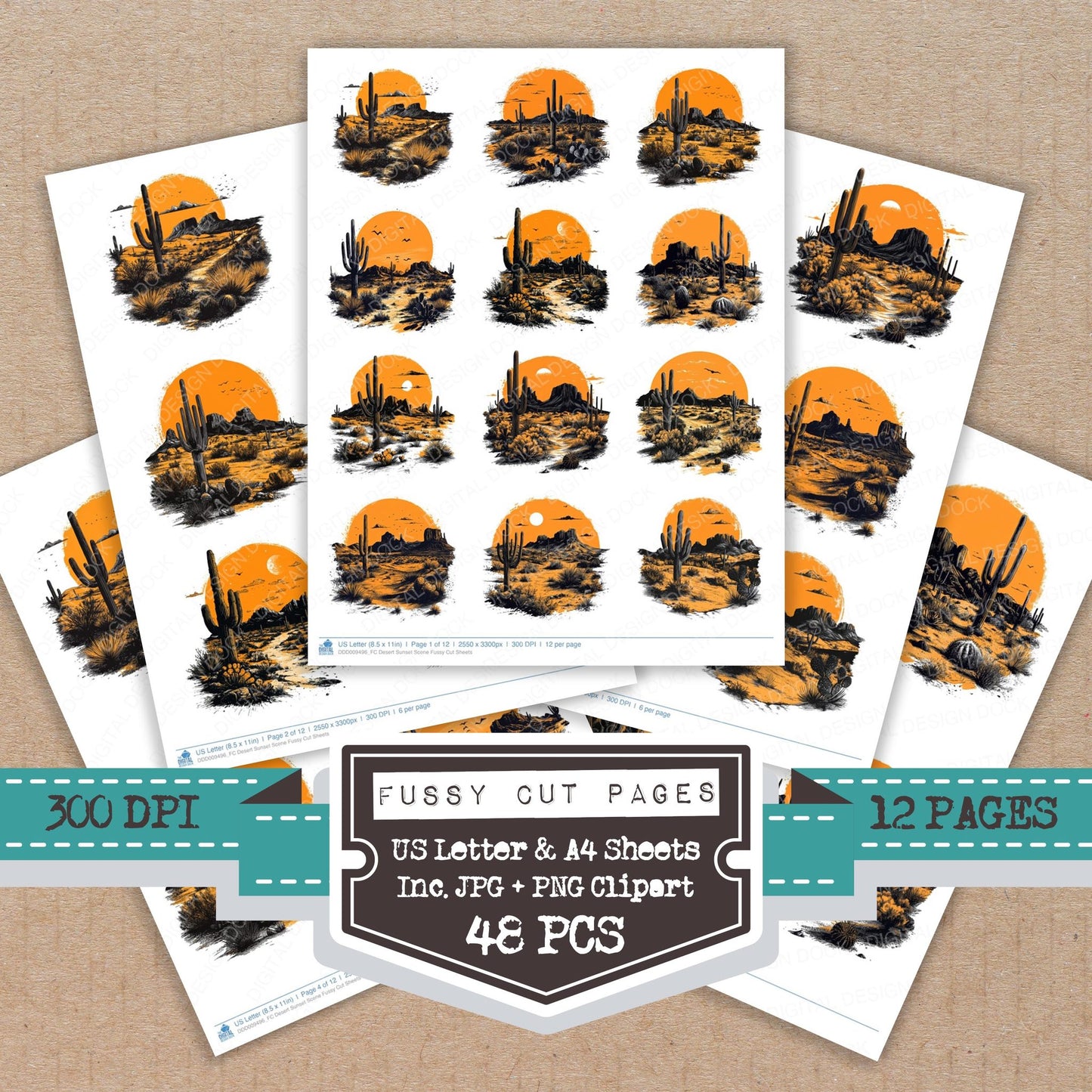 Desert Sunset Scene fussy cut printable sheets for junk journaling, scrapbooking, and paper craft projects