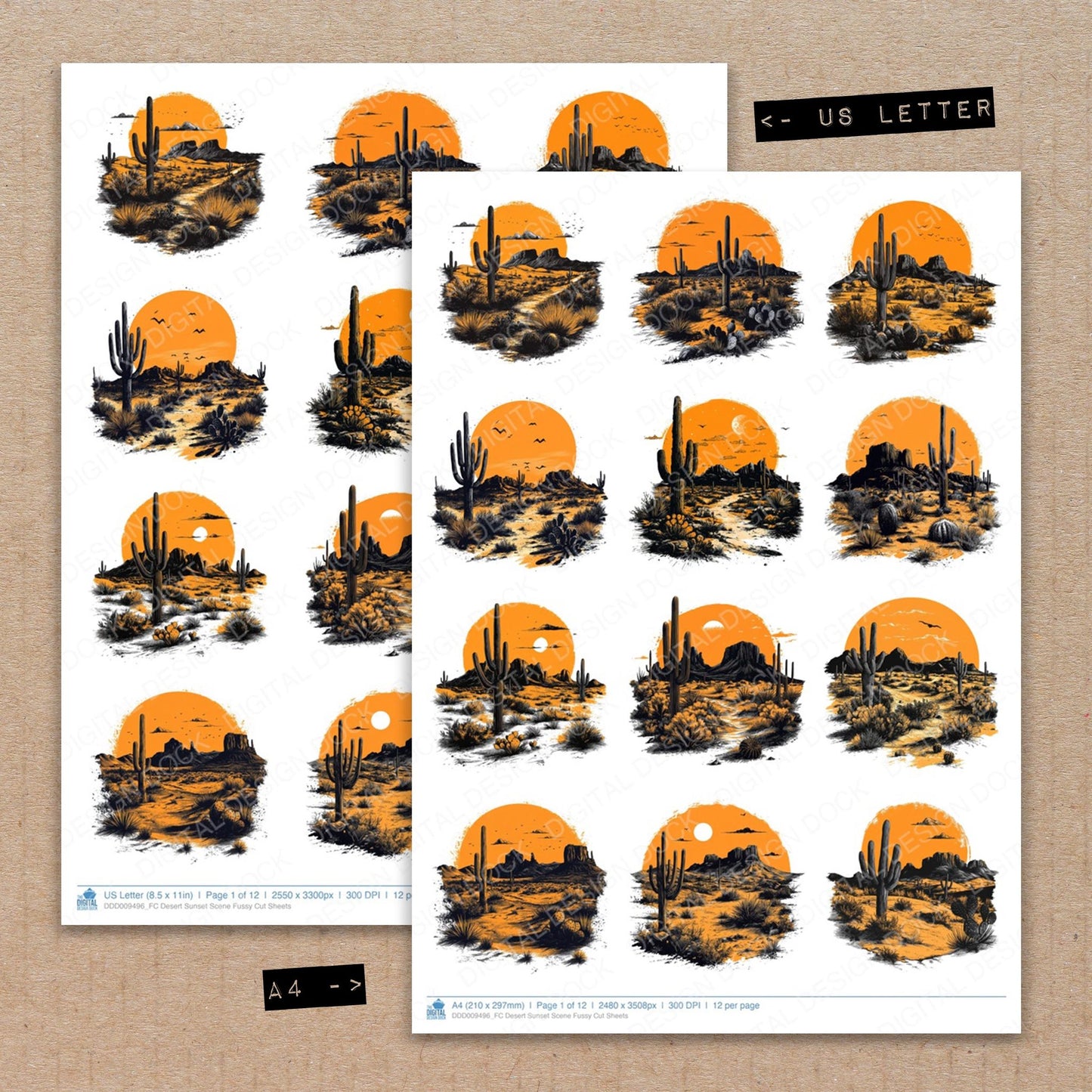A4 and US Letter format comparison showing Desert Sunset Scene fussy cut pages for print and cut crafting