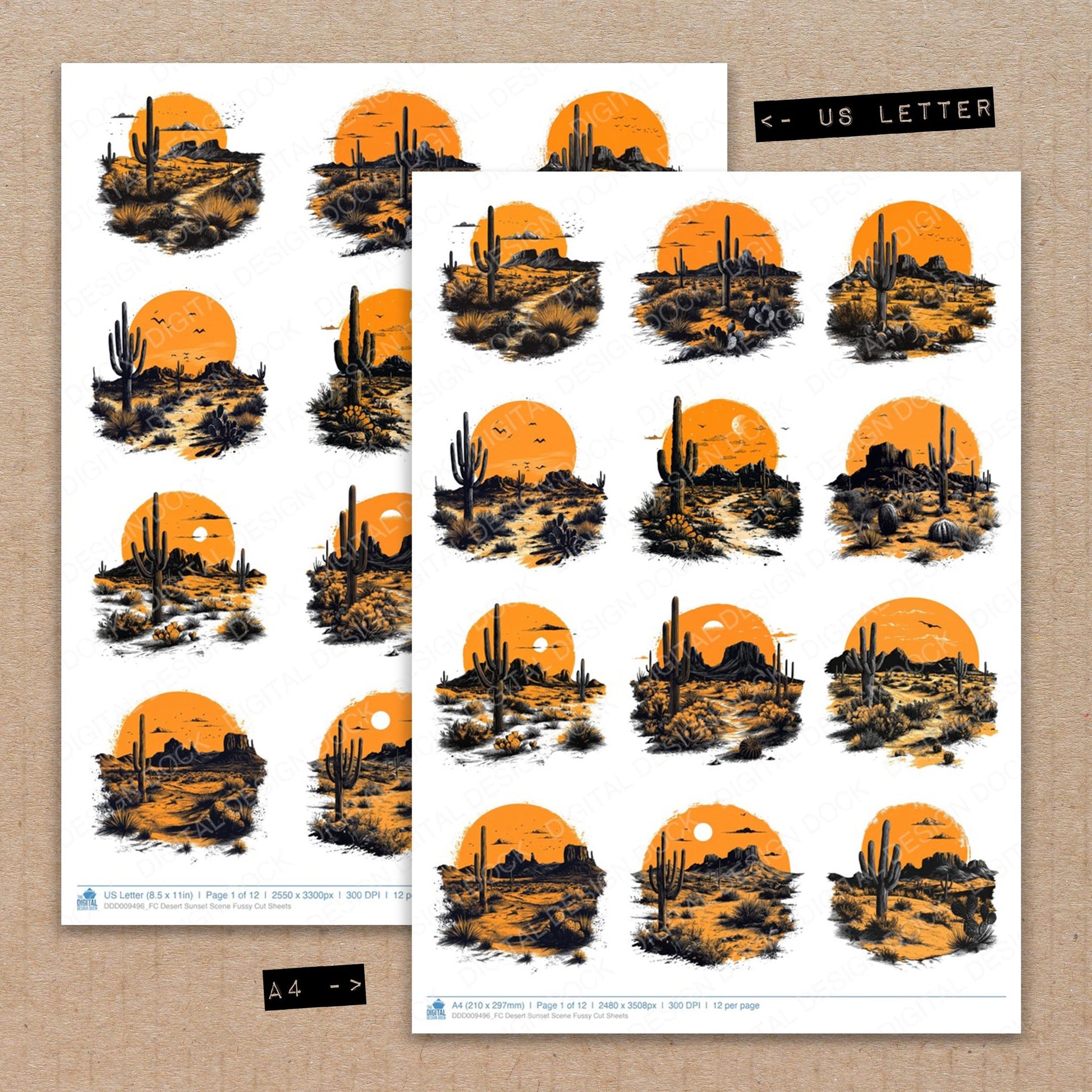 A4 and US Letter format comparison showing Desert Sunset Scene fussy cut pages for print and cut crafting