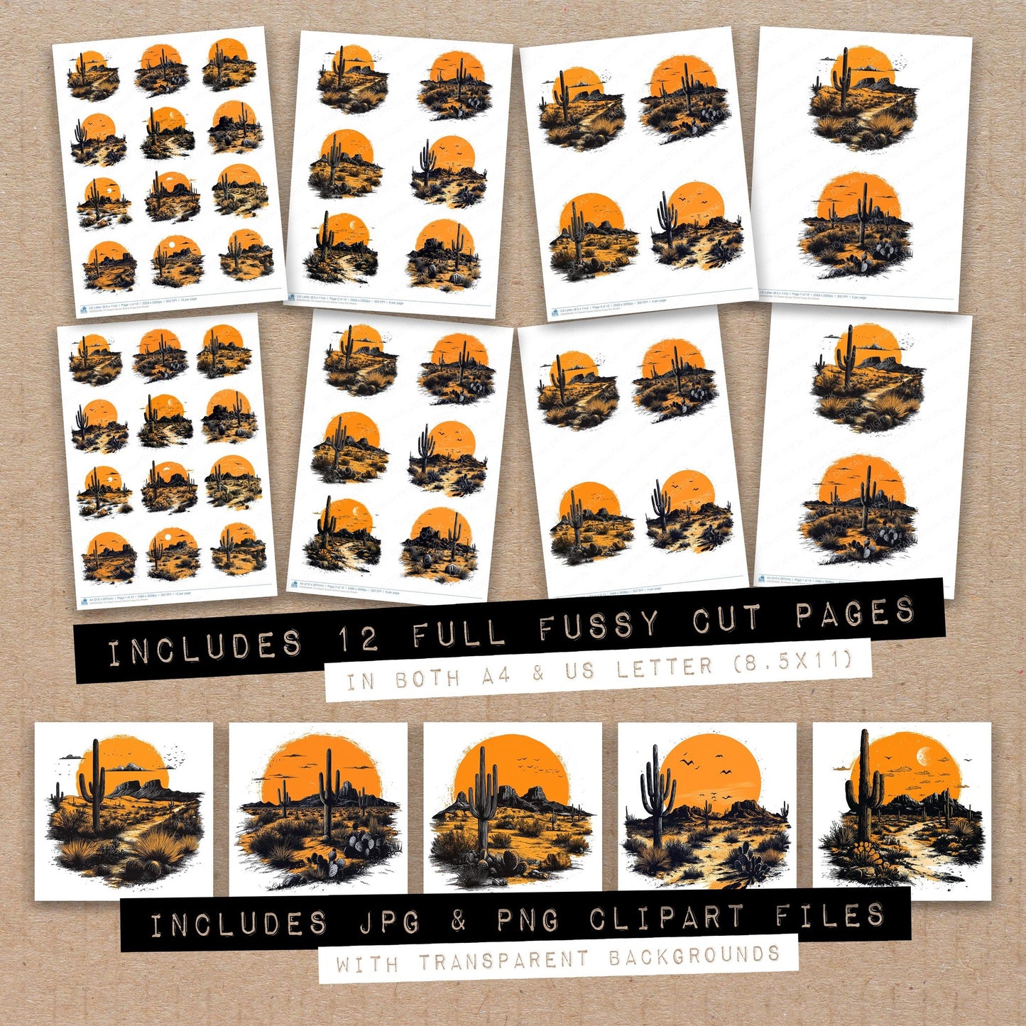 Full collection view of Desert Sunset Scene fussy cut sheets with bonus clipart JPG and PNG files