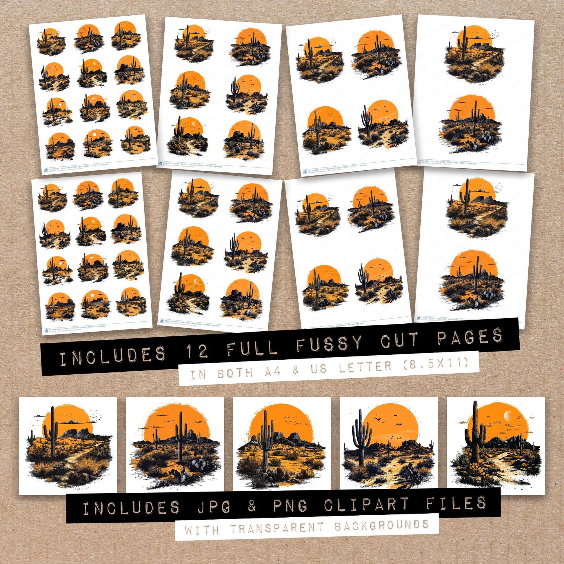 Full collection view of Desert Sunset Scene fussy cut sheets with bonus clipart JPG and PNG files