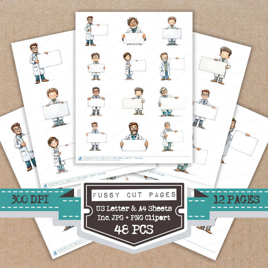 Doctor Holding Blank Banner fussy cut printable sheets for junk journaling, scrapbooking, and paper craft projects