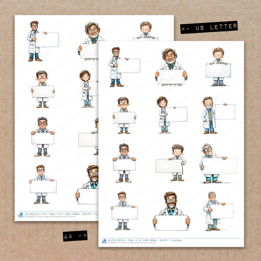 A4 and US Letter format comparison showing Doctor Holding Blank Banner fussy cut pages for print and cut crafting