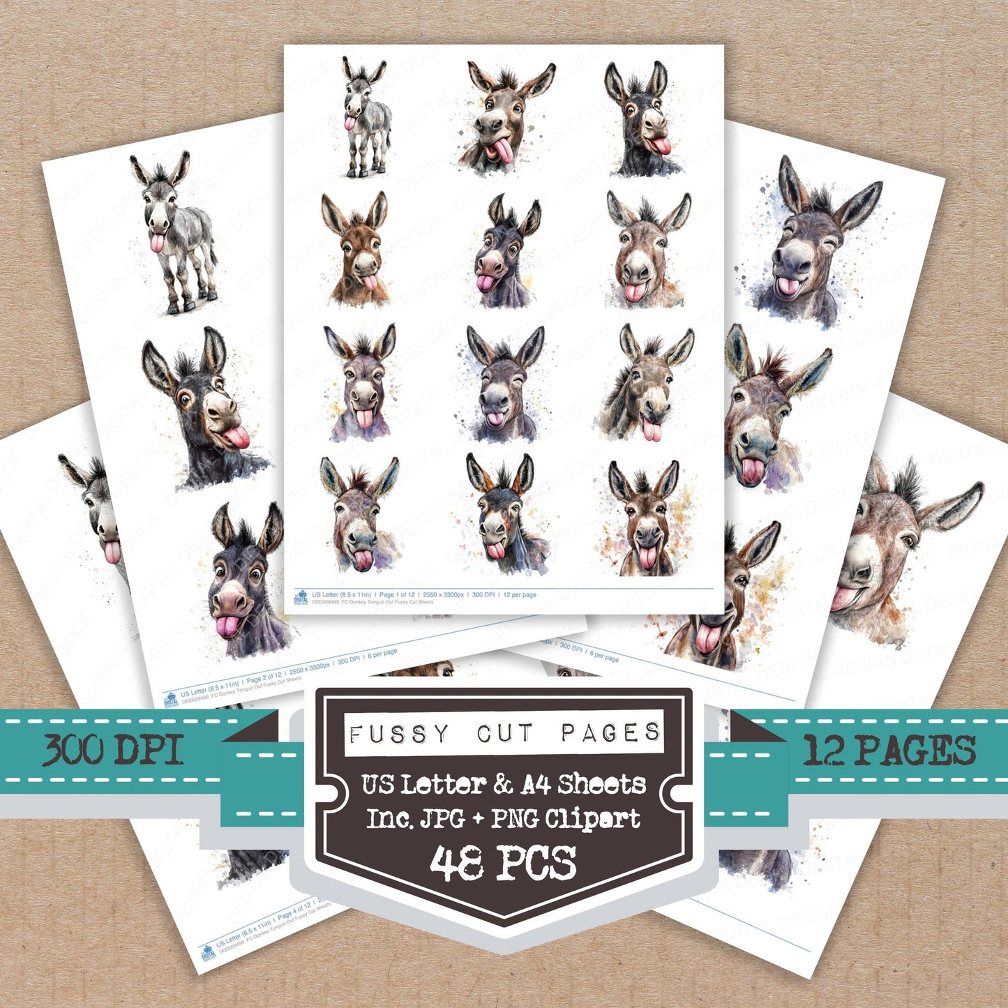 Donkey Tongue Out fussy cut printable sheets for junk journaling, scrapbooking, and paper craft projects