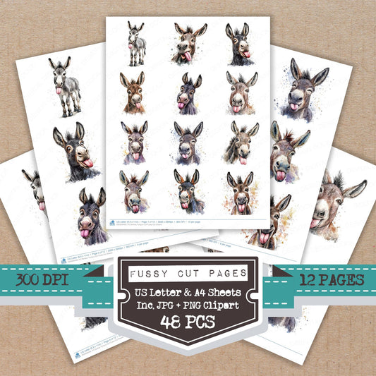 Donkey Tongue Out fussy cut printable sheets for junk journaling, scrapbooking, and paper craft projects