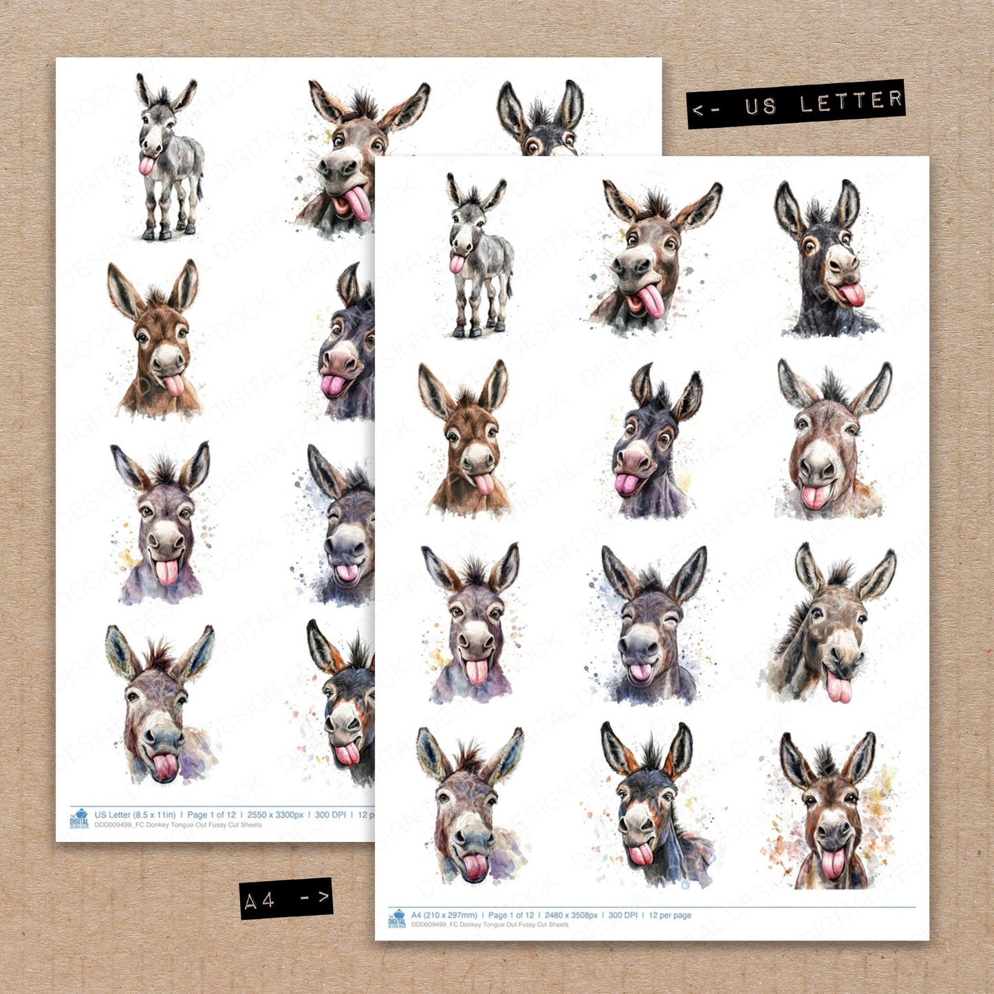 A4 and US Letter format comparison showing Donkey Tongue Out fussy cut pages for print and cut crafting