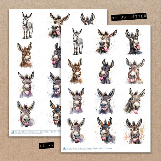 A4 and US Letter format comparison showing Donkey Tongue Out fussy cut pages for print and cut crafting