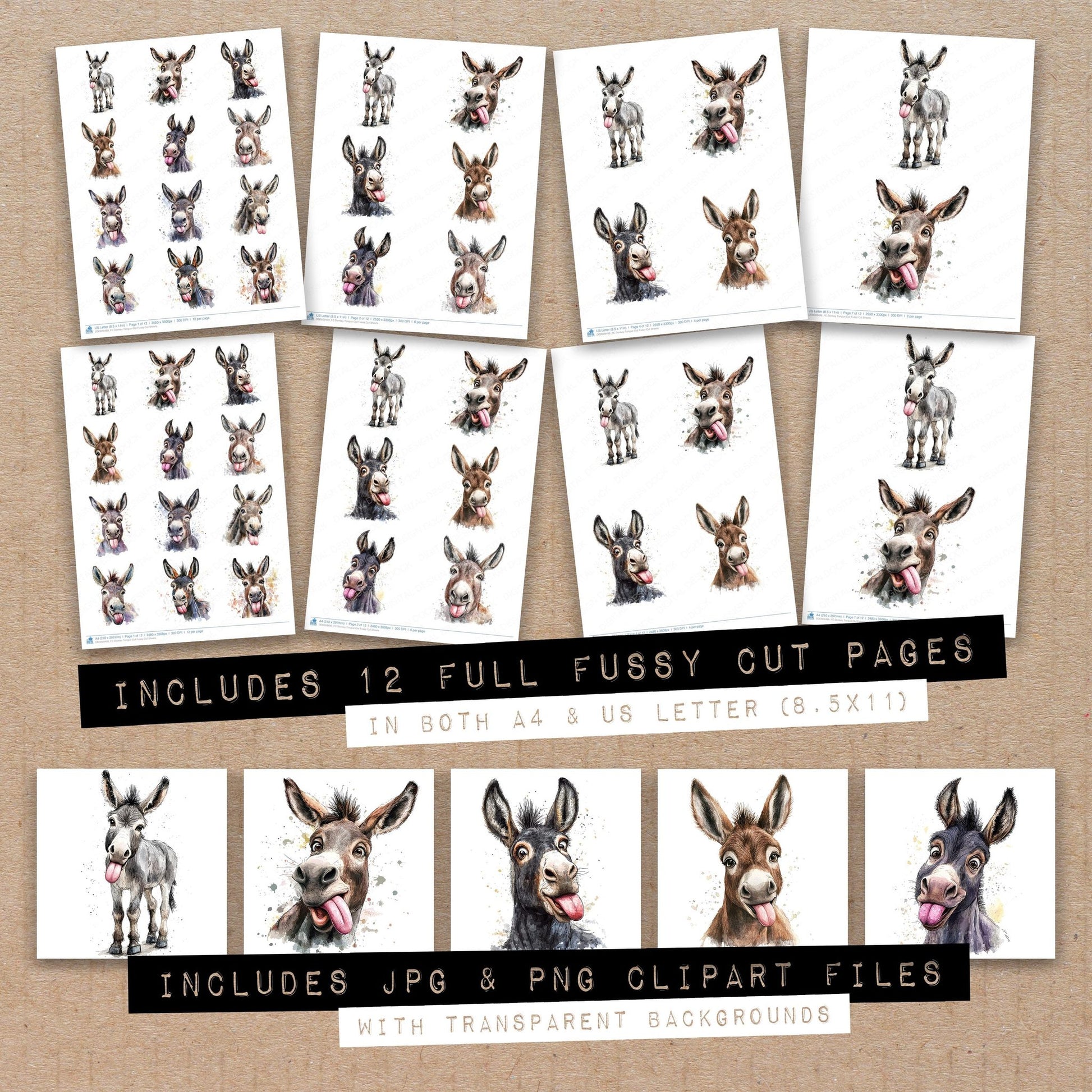 Full collection view of Donkey Tongue Out fussy cut sheets with bonus clipart JPG and PNG files