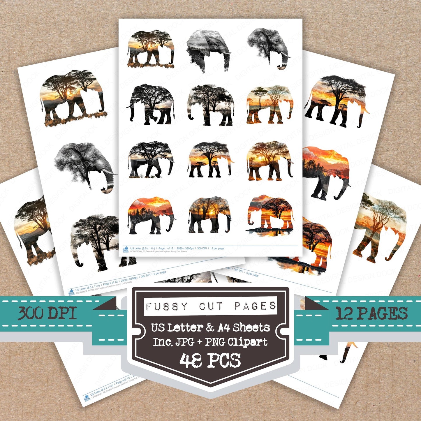 Double Exposure Elephant fussy cut printable sheets for junk journaling, scrapbooking, and paper craft projects