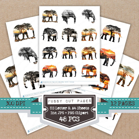 Double Exposure Elephant fussy cut printable sheets for junk journaling, scrapbooking, and paper craft projects