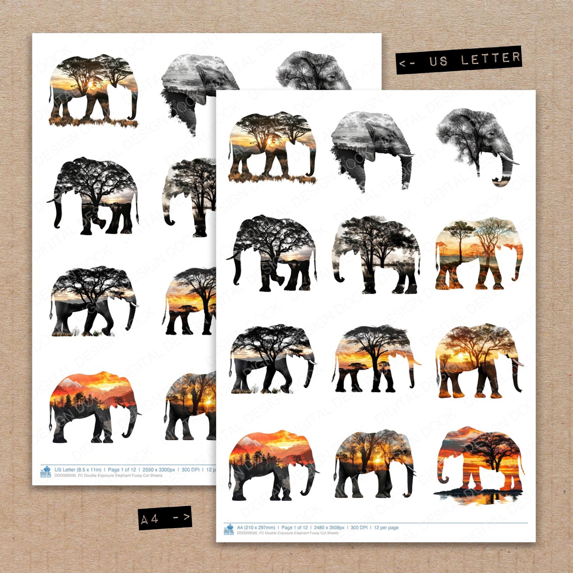 A4 and US Letter format comparison showing Double Exposure Elephant fussy cut pages for print and cut crafting