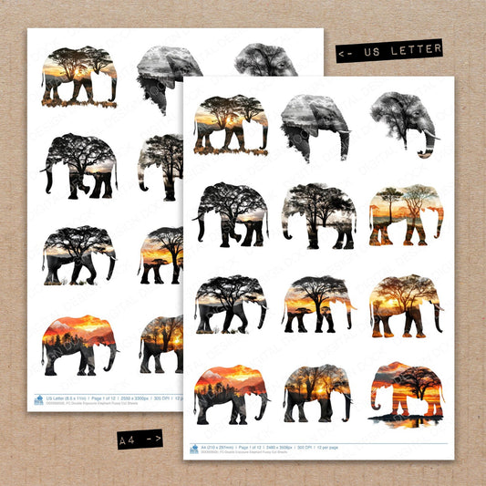 A4 and US Letter format comparison showing Double Exposure Elephant fussy cut pages for print and cut crafting