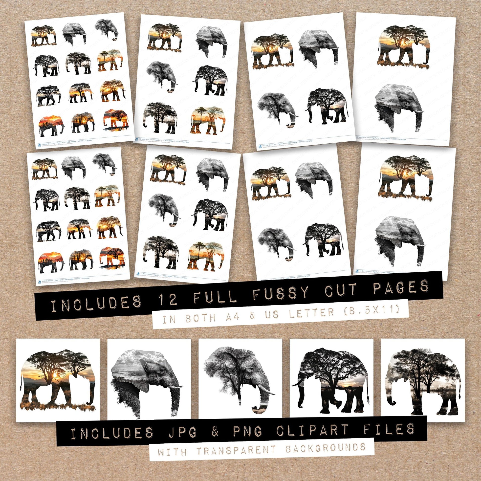 Full collection view of Double Exposure Elephant fussy cut sheets with bonus clipart JPG and PNG files