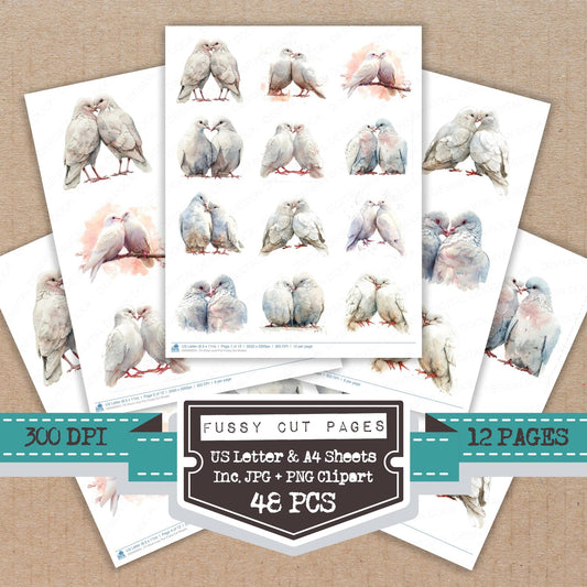 Dove Love Pair fussy cut printable sheets for junk journaling, scrapbooking, and paper craft projects