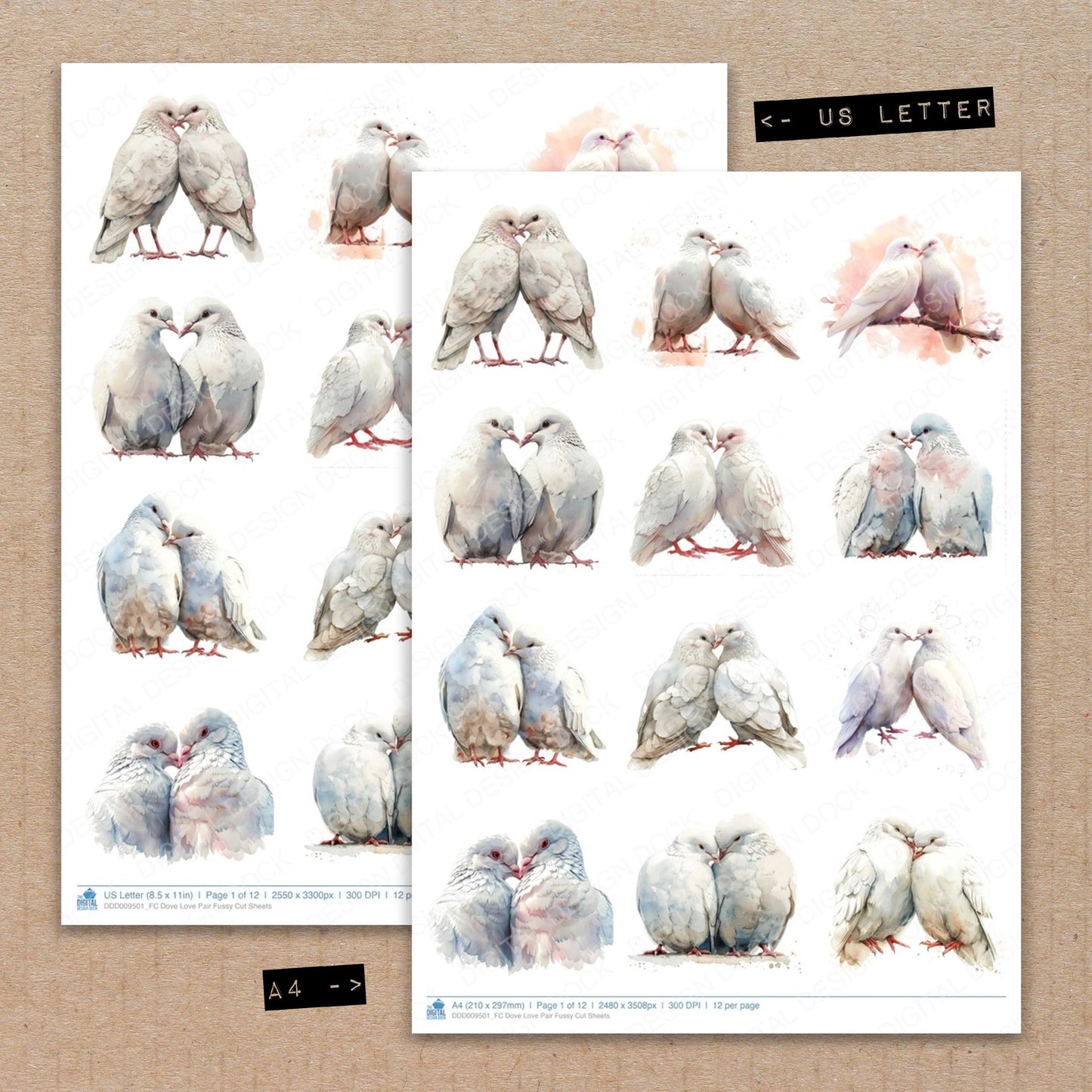 A4 and US Letter format comparison showing Dove Love Pair fussy cut pages for print and cut crafting