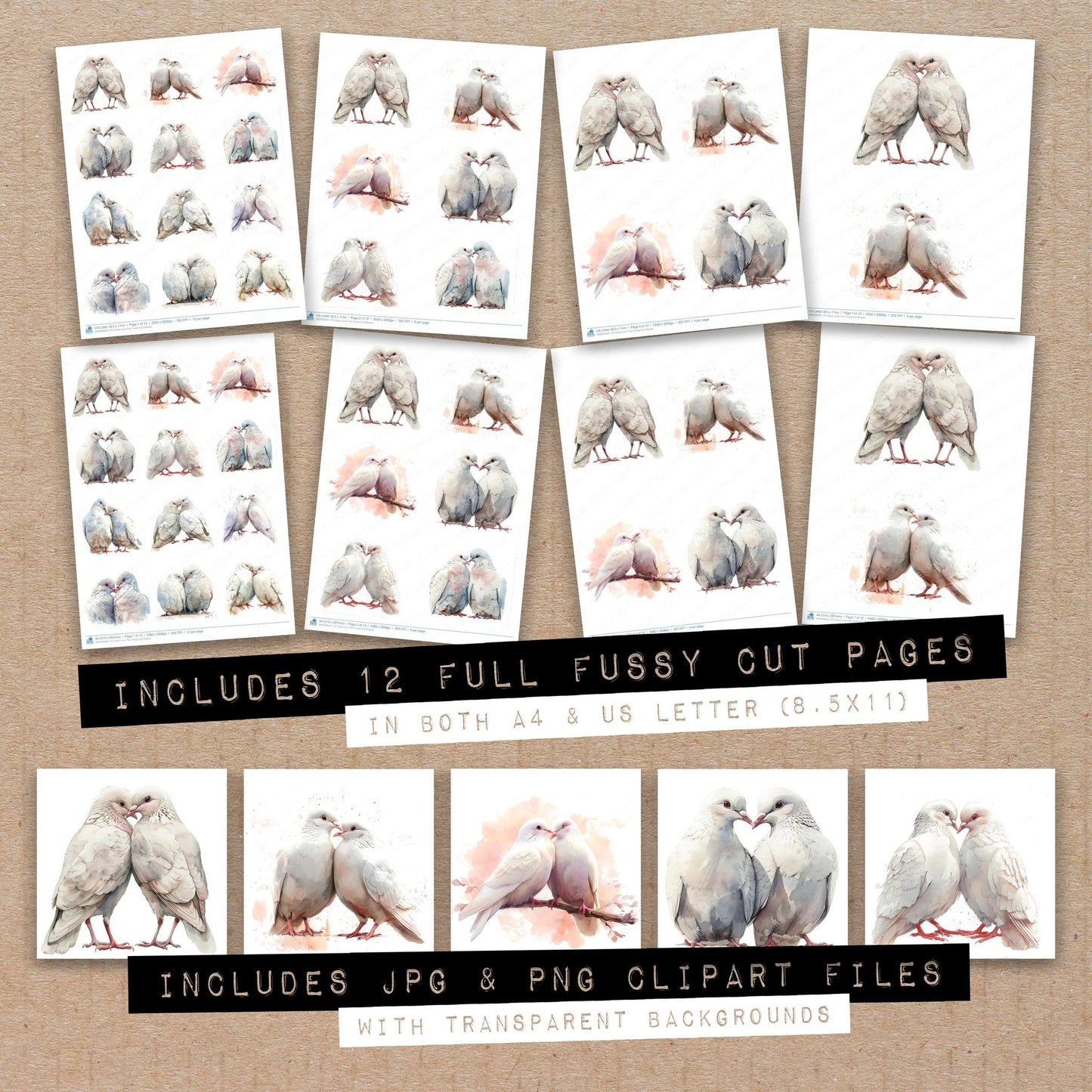 Full collection view of Dove Love Pair fussy cut sheets with bonus clipart JPG and PNG files