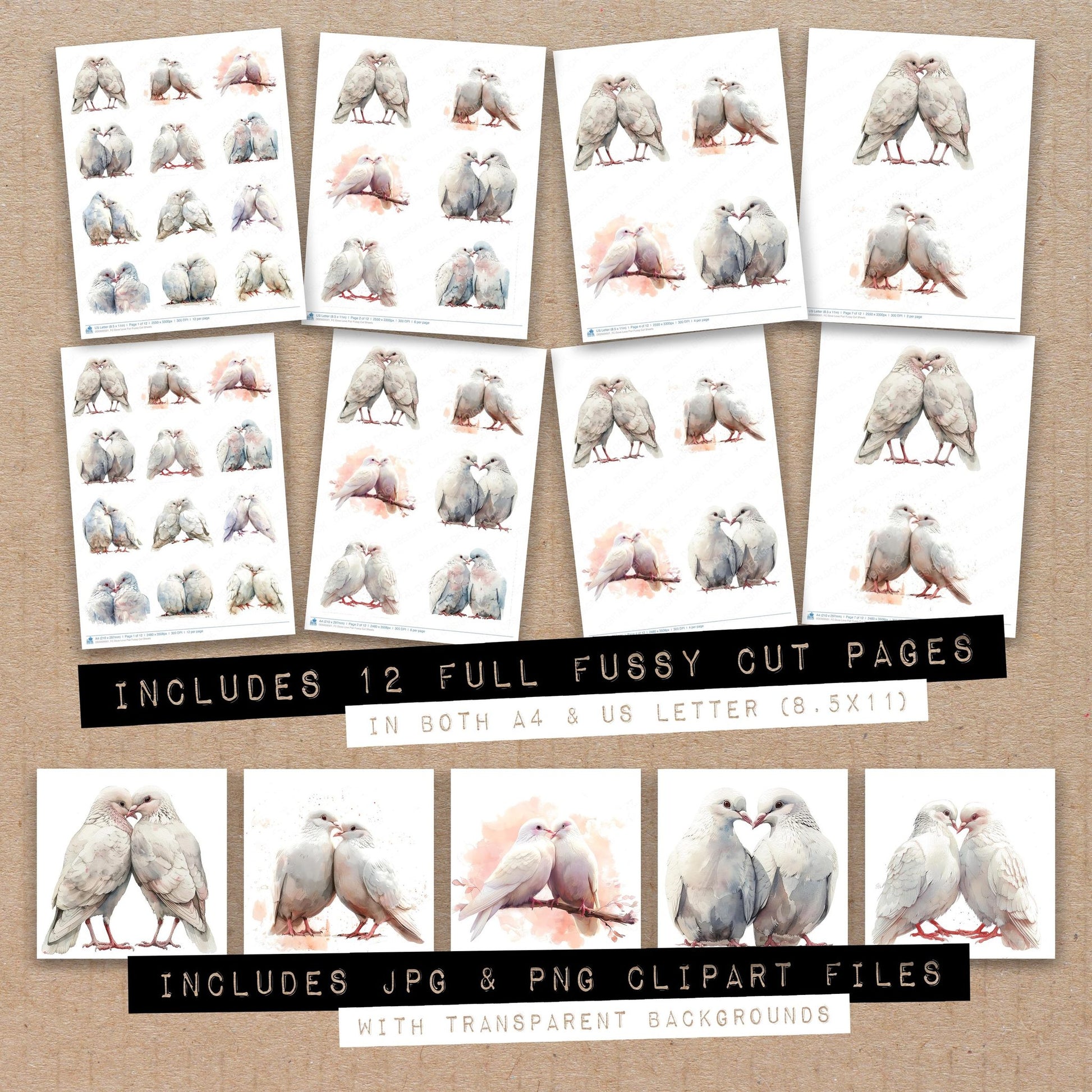 Full collection view of Dove Love Pair fussy cut sheets with bonus clipart JPG and PNG files