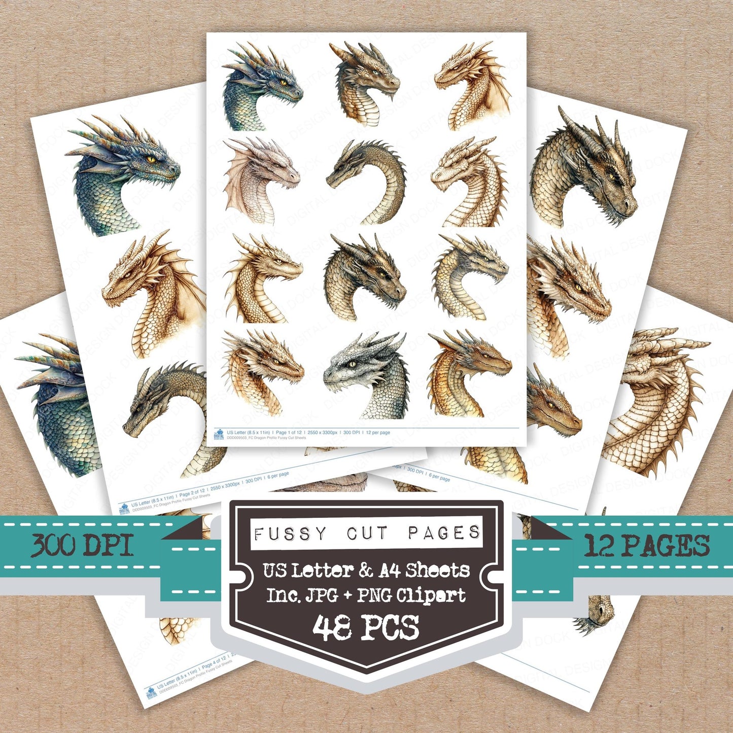 Dragon Profile fussy cut printable sheets for junk journaling, scrapbooking, and paper craft projects