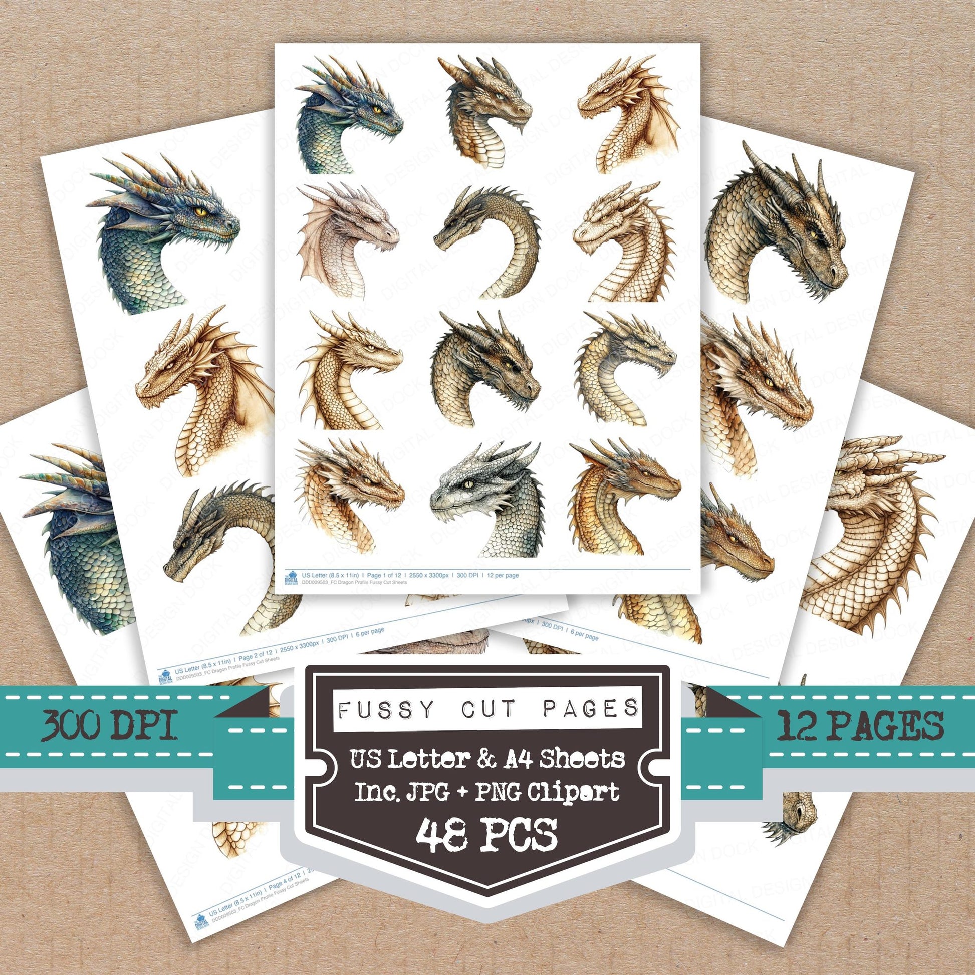 Dragon Profile fussy cut printable sheets for junk journaling, scrapbooking, and paper craft projects