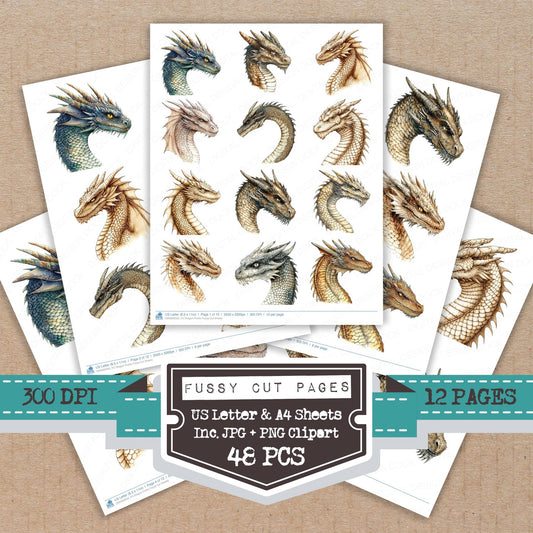 Dragon Profile fussy cut printable sheets for junk journaling, scrapbooking, and paper craft projects