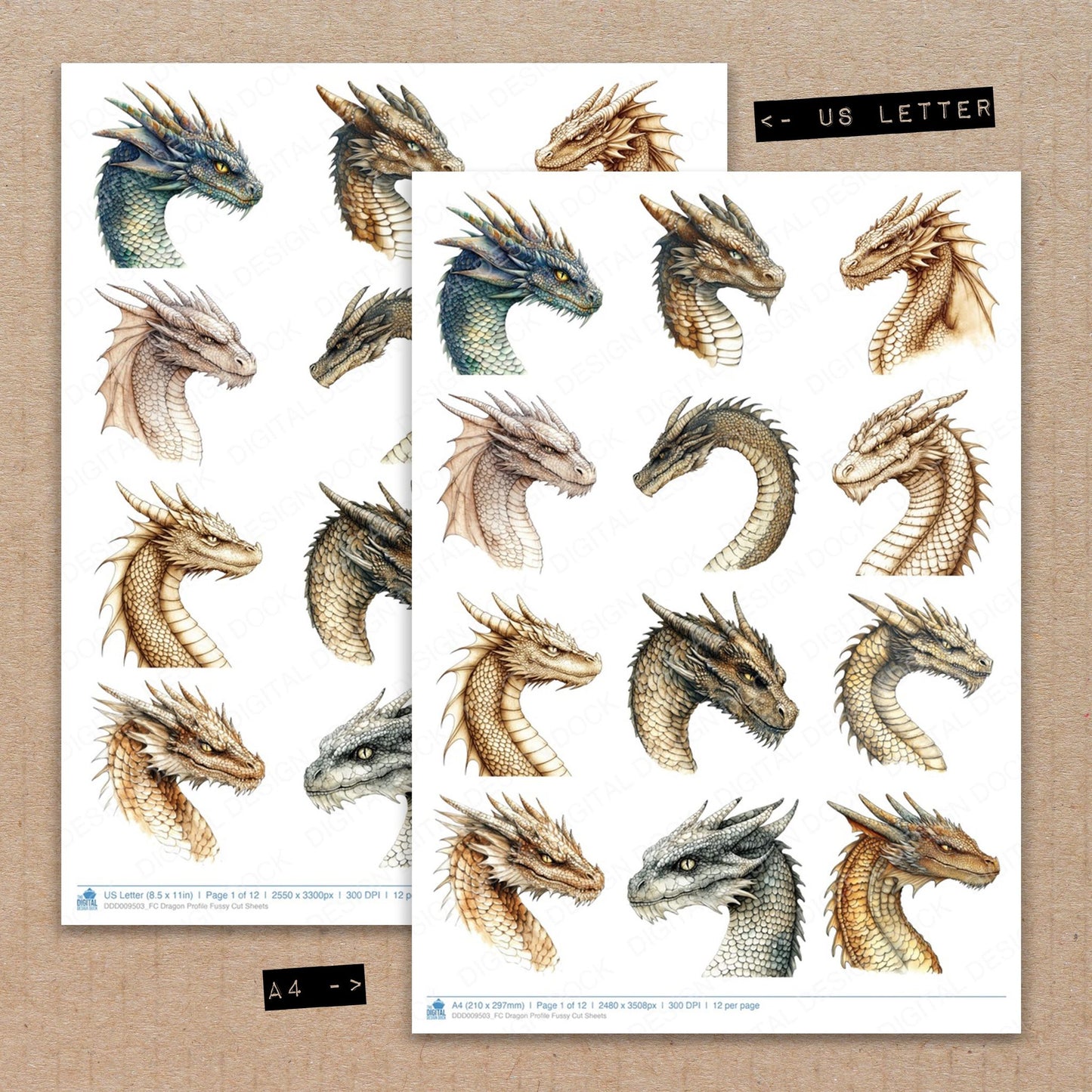 A4 and US Letter format comparison showing Dragon Profile fussy cut pages for print and cut crafting