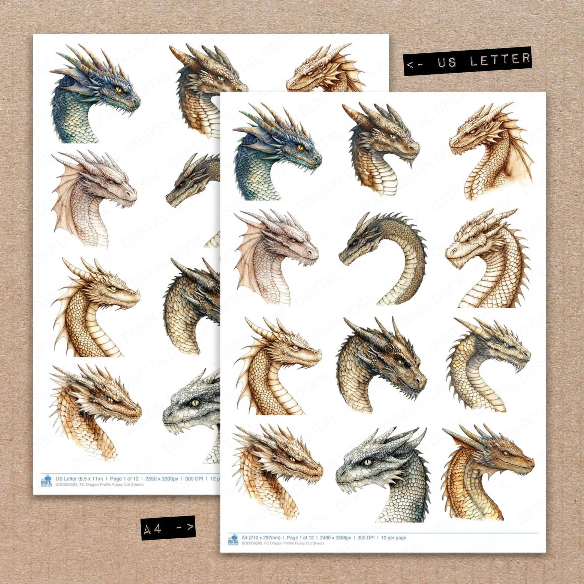A4 and US Letter format comparison showing Dragon Profile fussy cut pages for print and cut crafting